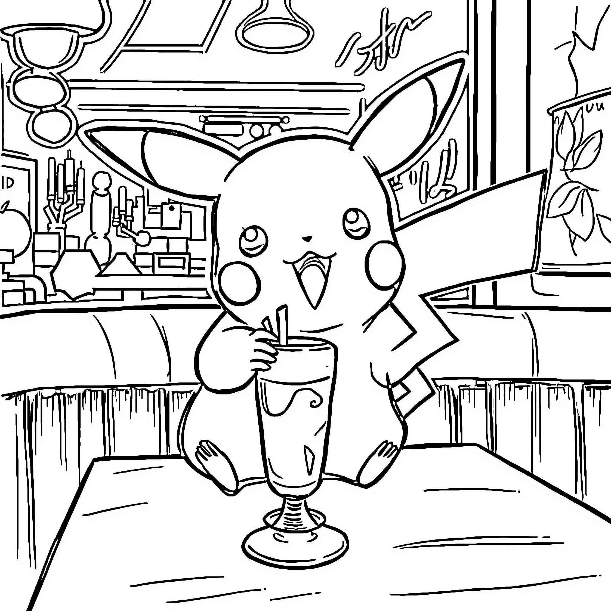 Pikachu playing happily in a laboratory setting Coloring Page (free black-and-white line drawing printable PDF for all, from beginners to advanced learners, including children, teens, adults, and seniors)