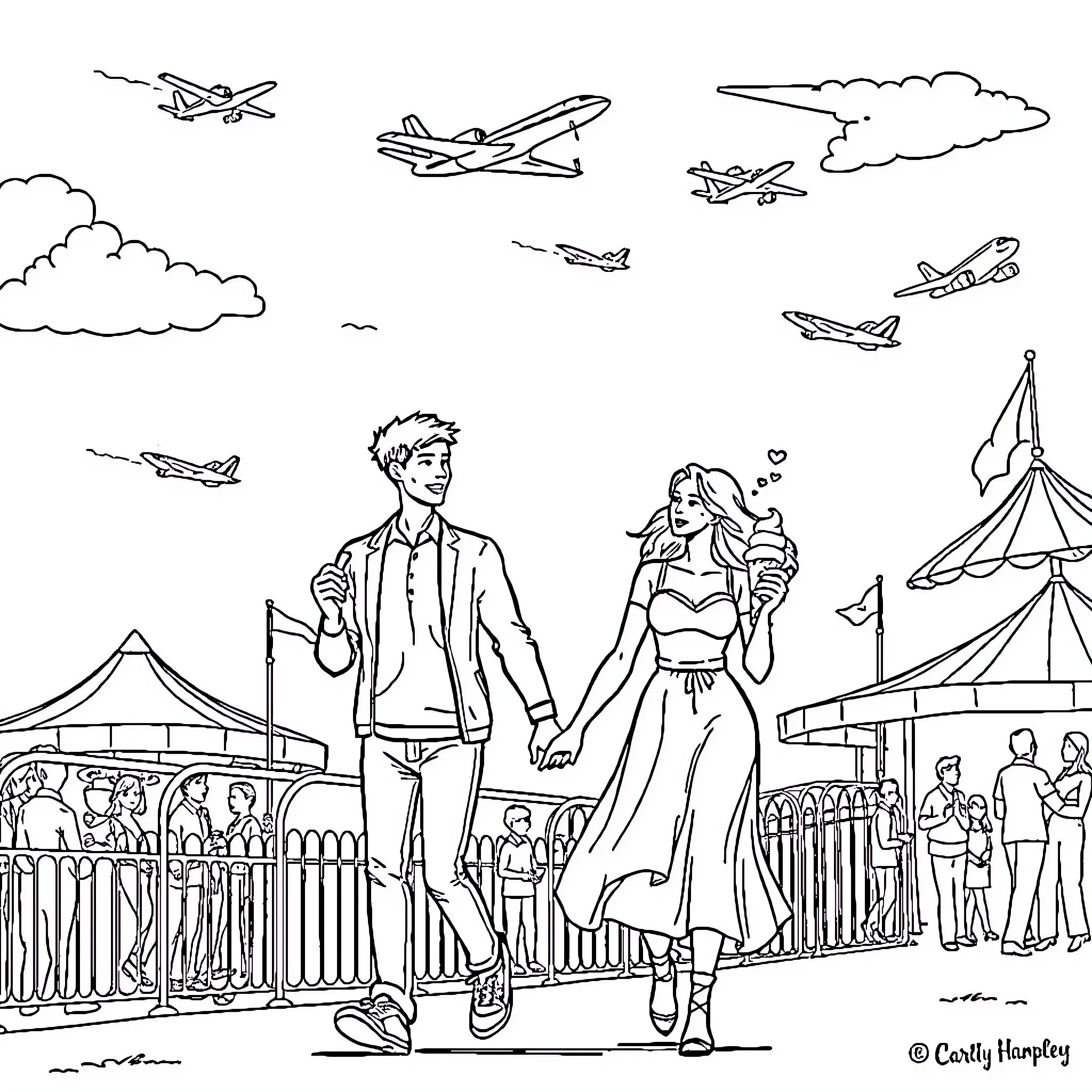 Couple enjoying carnival atmosphere at fairground Coloring Page (free black-and-white line drawing printable PDF for all, from beginners to advanced learners, including children, teens, adults, and seniors)