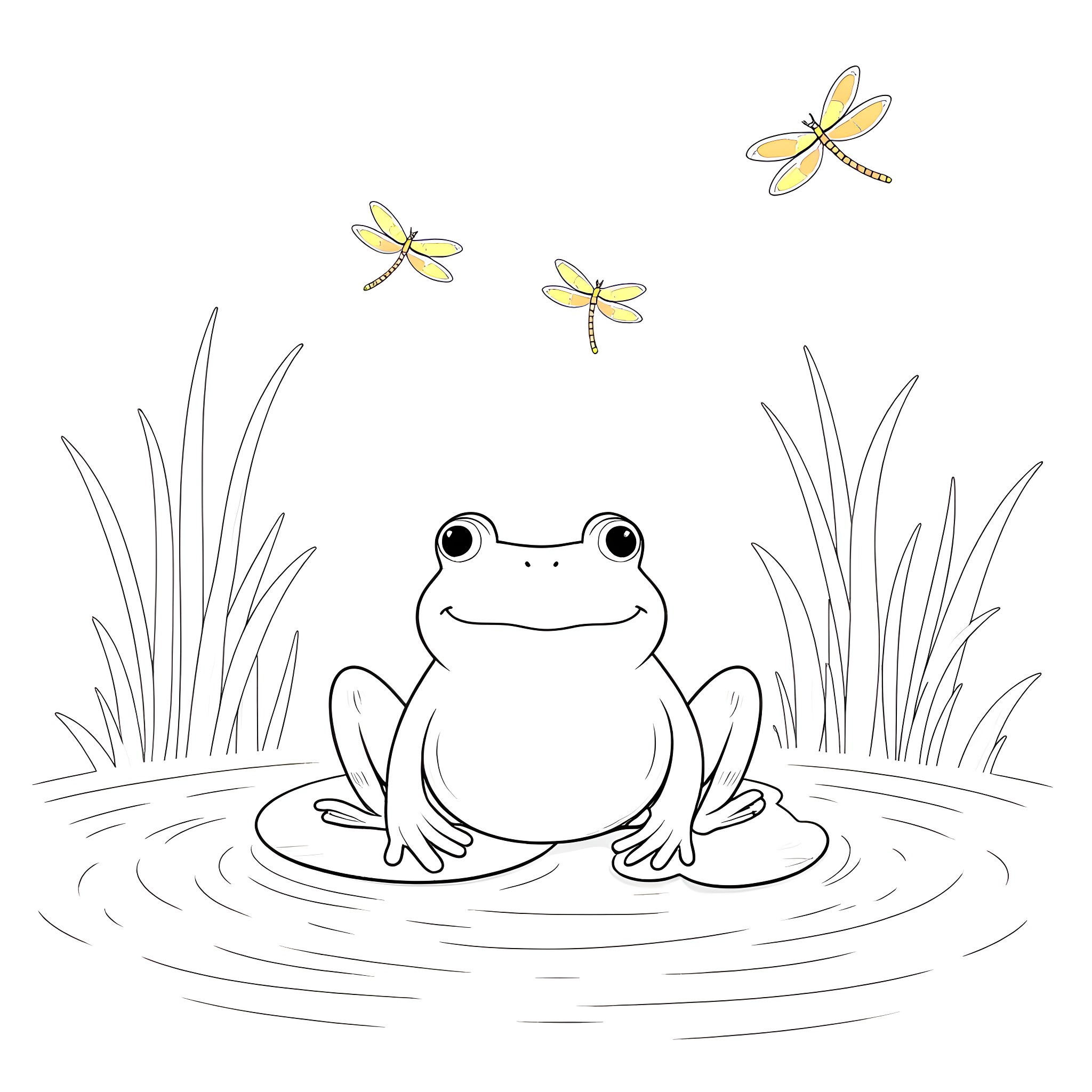 Frog sitting peacefully in the pond with dragonflies Coloring Page (free black-and-white line drawing printable PDF for all, from beginners to advanced learners, including children, teens, adults, and seniors)