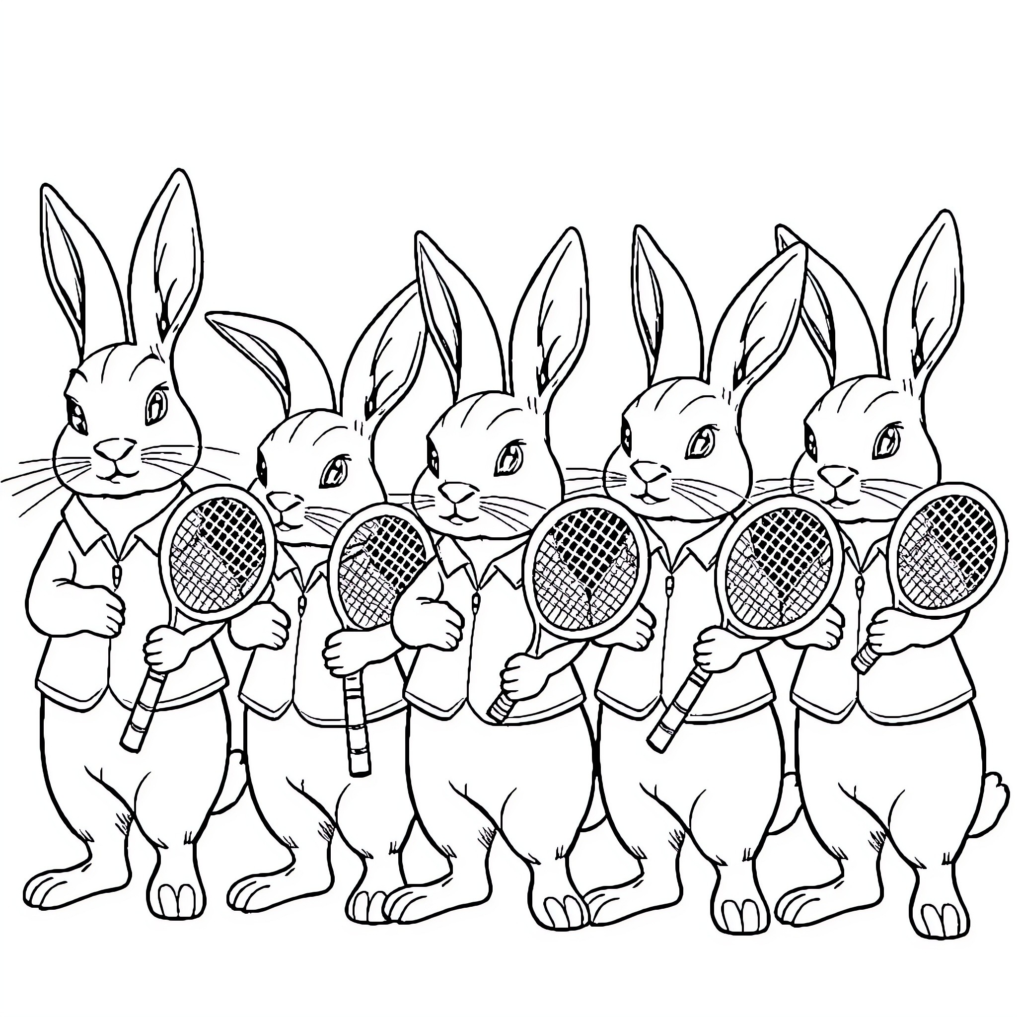 Rabbit Tennis Players Competing on the Court Coloring Page (free black-and-white line drawing printable PDF for all, from beginners to advanced learners, including children, teens, adults, and seniors)