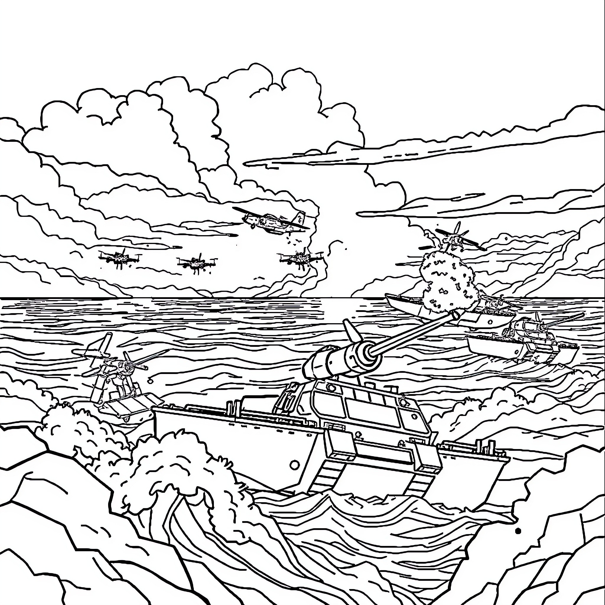War at Sea with Ships and Explosions Coloring Page (free black-and-white line drawing printable PDF for all, from beginners to advanced learners, including children, teens, adults, and seniors)