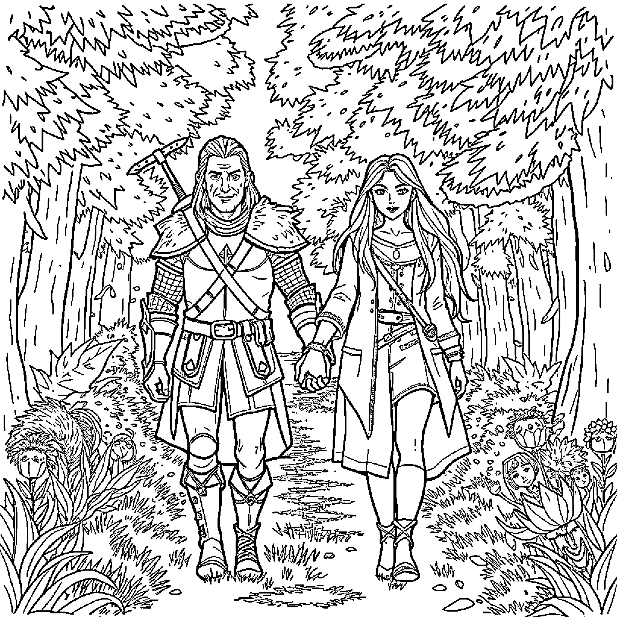 Geralt and the Warrior Maiden on a Perilous Journey Coloring Page (free black-and-white line drawing printable PDF for all, from beginners to advanced learners, including children, teens, adults, and seniors)