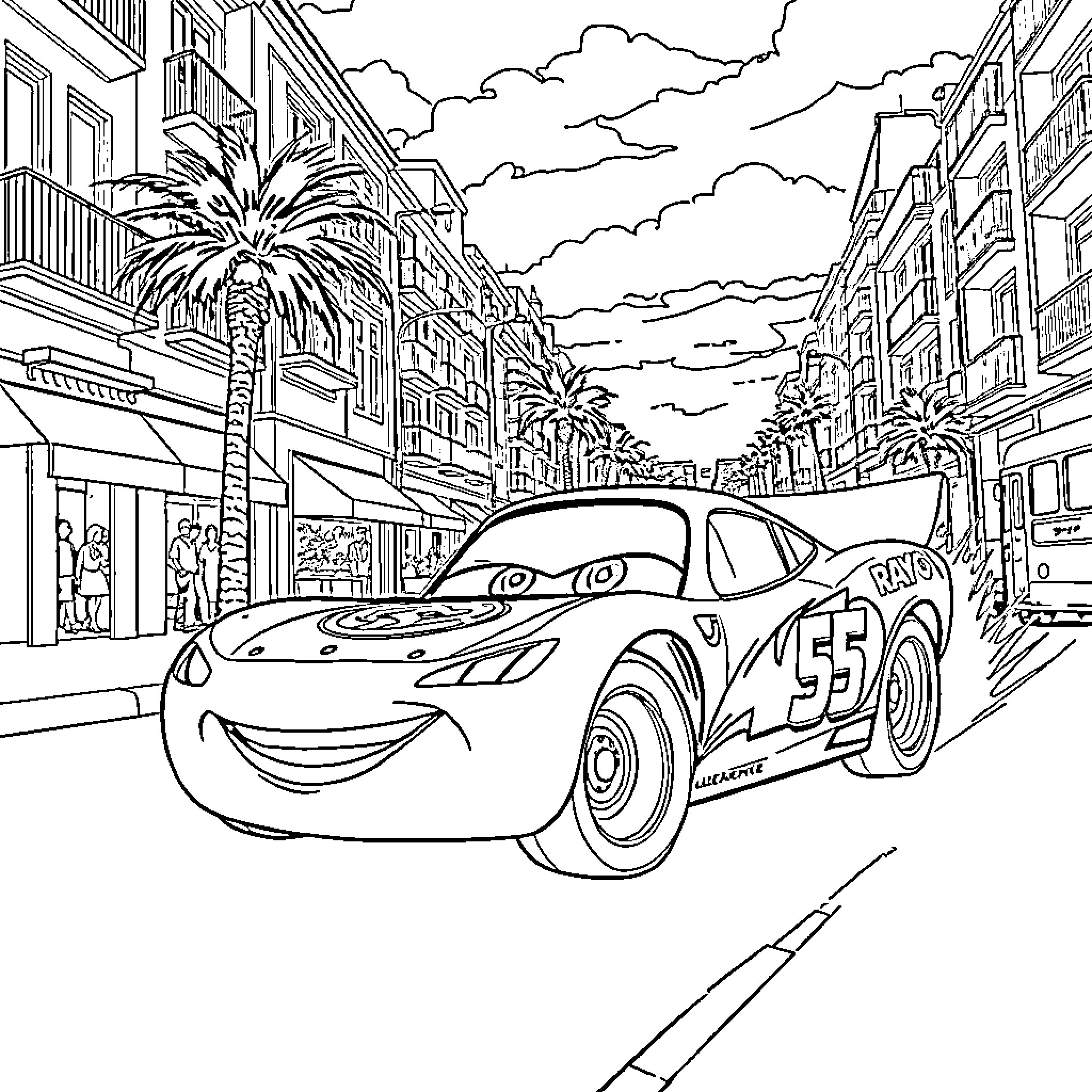 Rayo McQueen racing through a city street Coloring Page (free black-and-white line drawing printable PDF for all, from beginners to advanced learners, including children, teens, adults, and seniors)