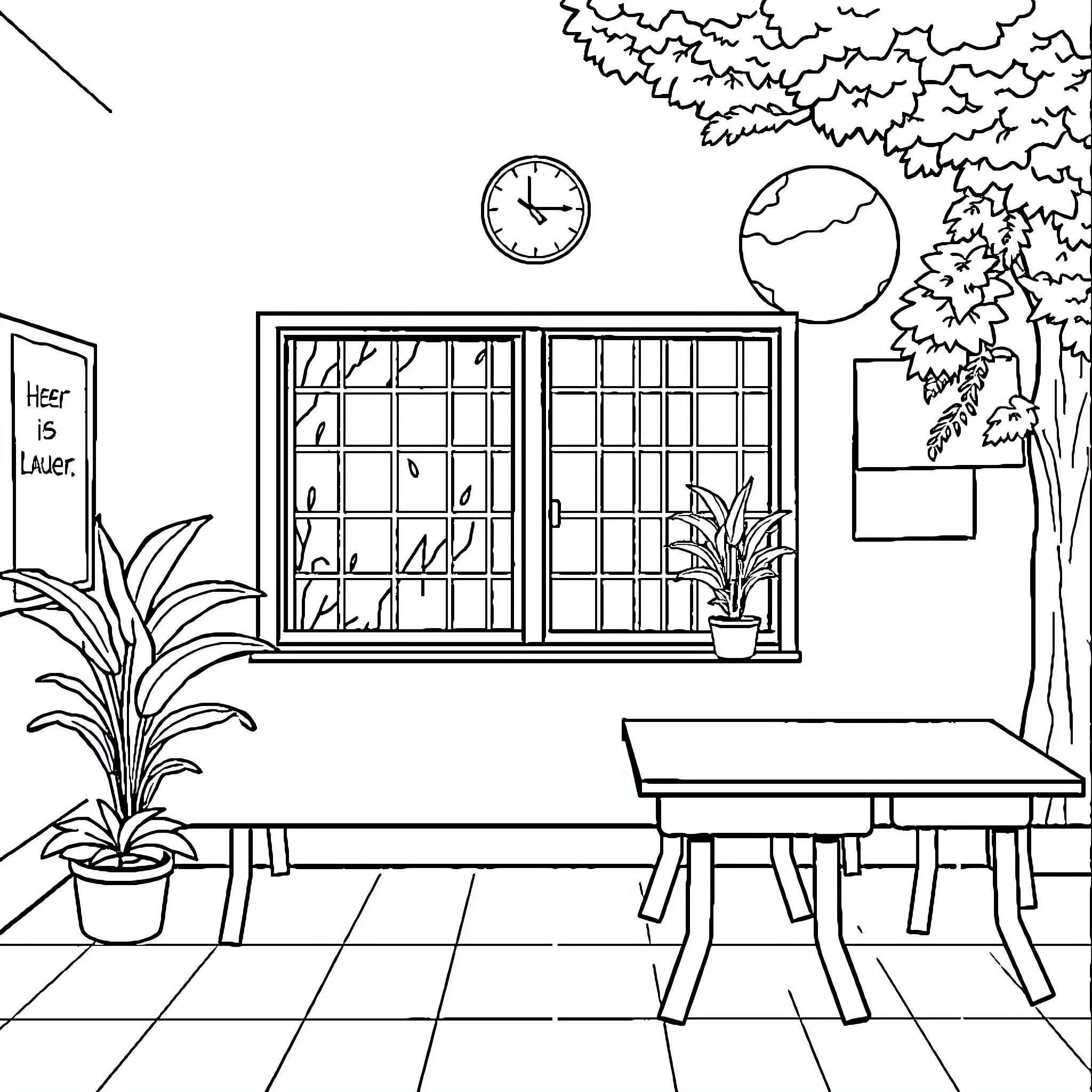 School Classroom Scene with Furniture and Nature Coloring Page (free black-and-white line drawing printable PDF for all, from beginners to advanced learners, including children, teens, adults, and seniors)