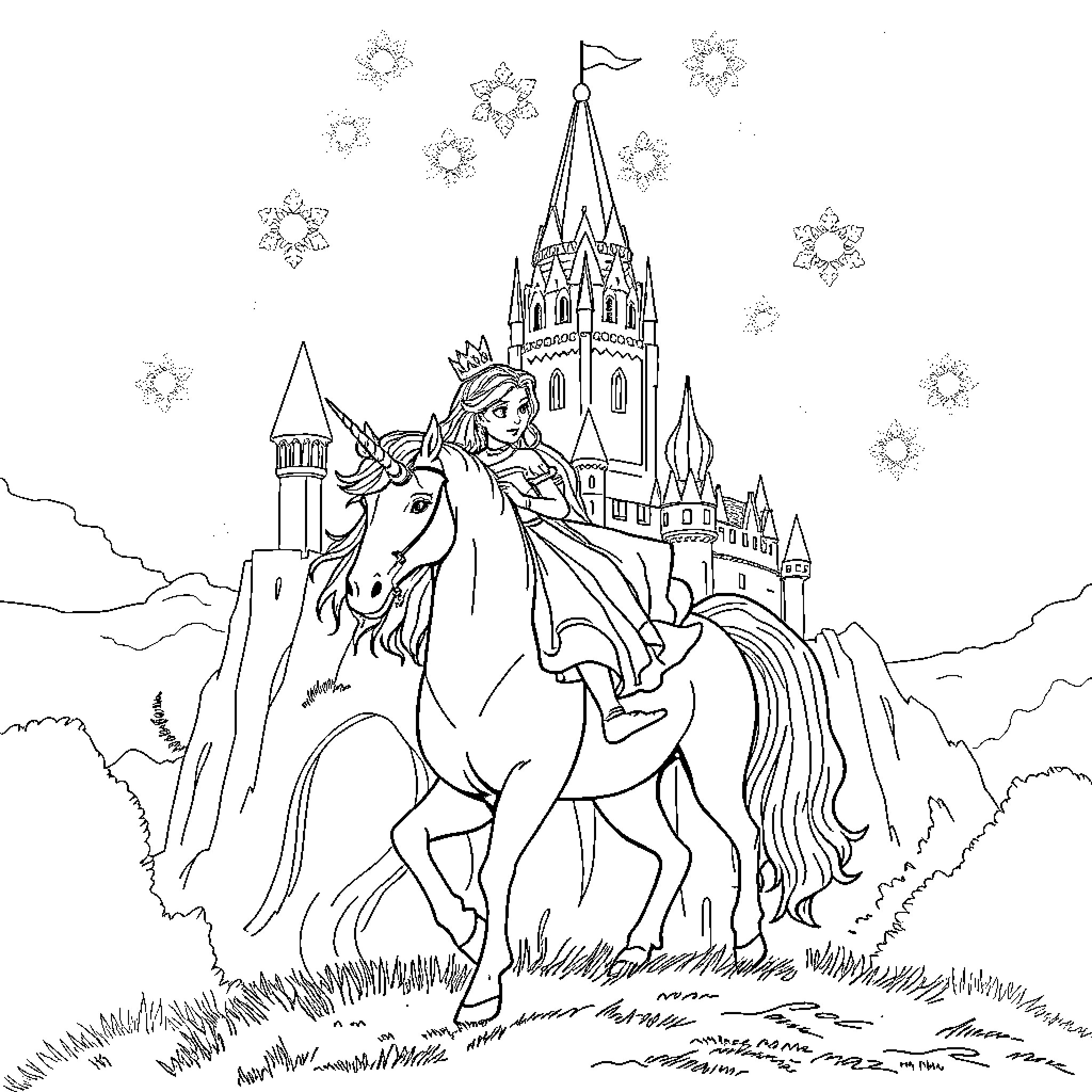 Princess riding a unicorn in front of a castle Coloring Page (free black-and-white line drawing printable PDF for all, from beginners to advanced learners, including children, teens, adults, and seniors)