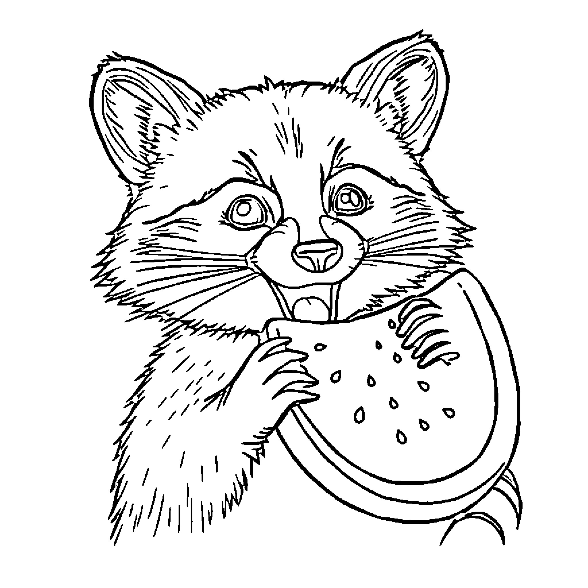 Raccoon enjoying a slice of watermelon Coloring Page (free black-and-white line drawing printable PDF for all, from beginners to advanced learners, including children, teens, adults, and seniors)