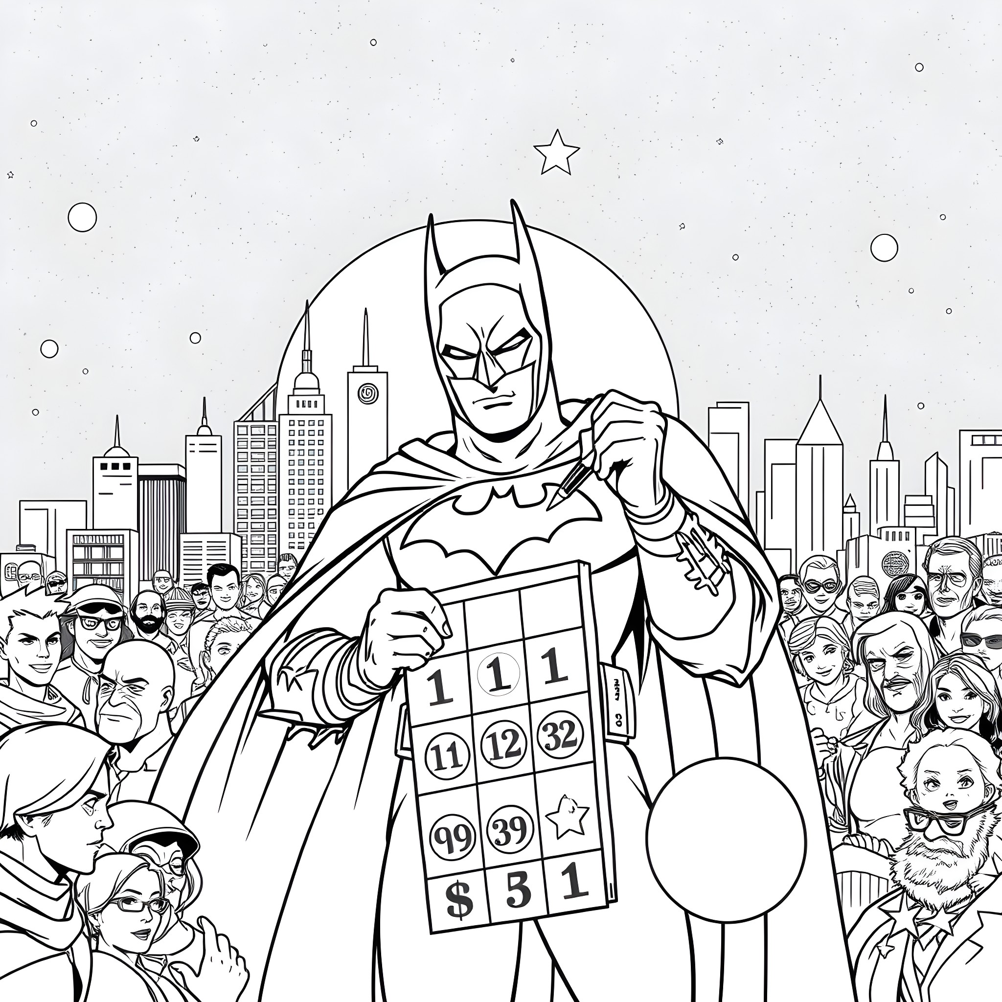 Batman tackles a challenging lottery puzzle in the city Coloring Page (free black-and-white line drawing printable PDF for all, from beginners to advanced learners, including children, teens, adults, and seniors)