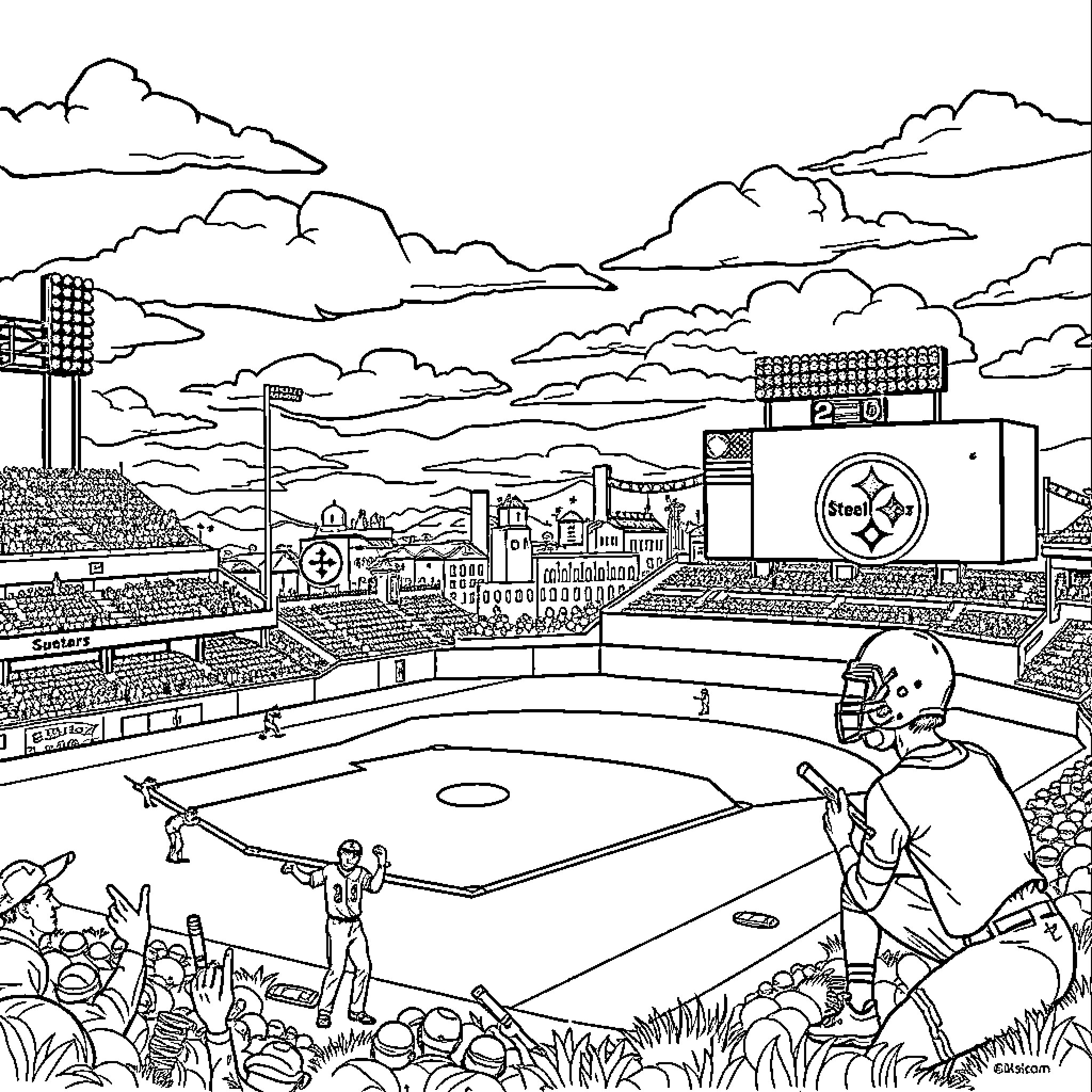 Boston Red Sox baseball game at stadium with fans Coloring Page (free black-and-white line drawing printable PDF for all, from beginners to advanced learners, including children, teens, adults, and seniors)