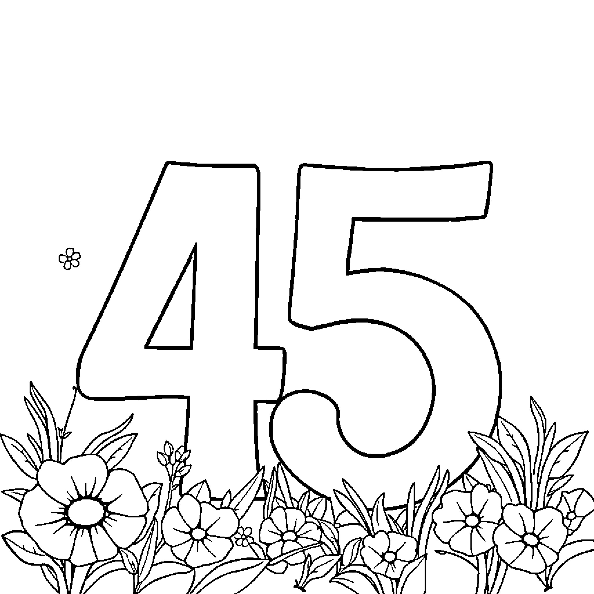 Number 45 Surrounded by Flower Garden Coloring Page (free black-and-white line drawing printable PDF for all, from beginners to advanced learners, including children, teens, adults, and seniors)
