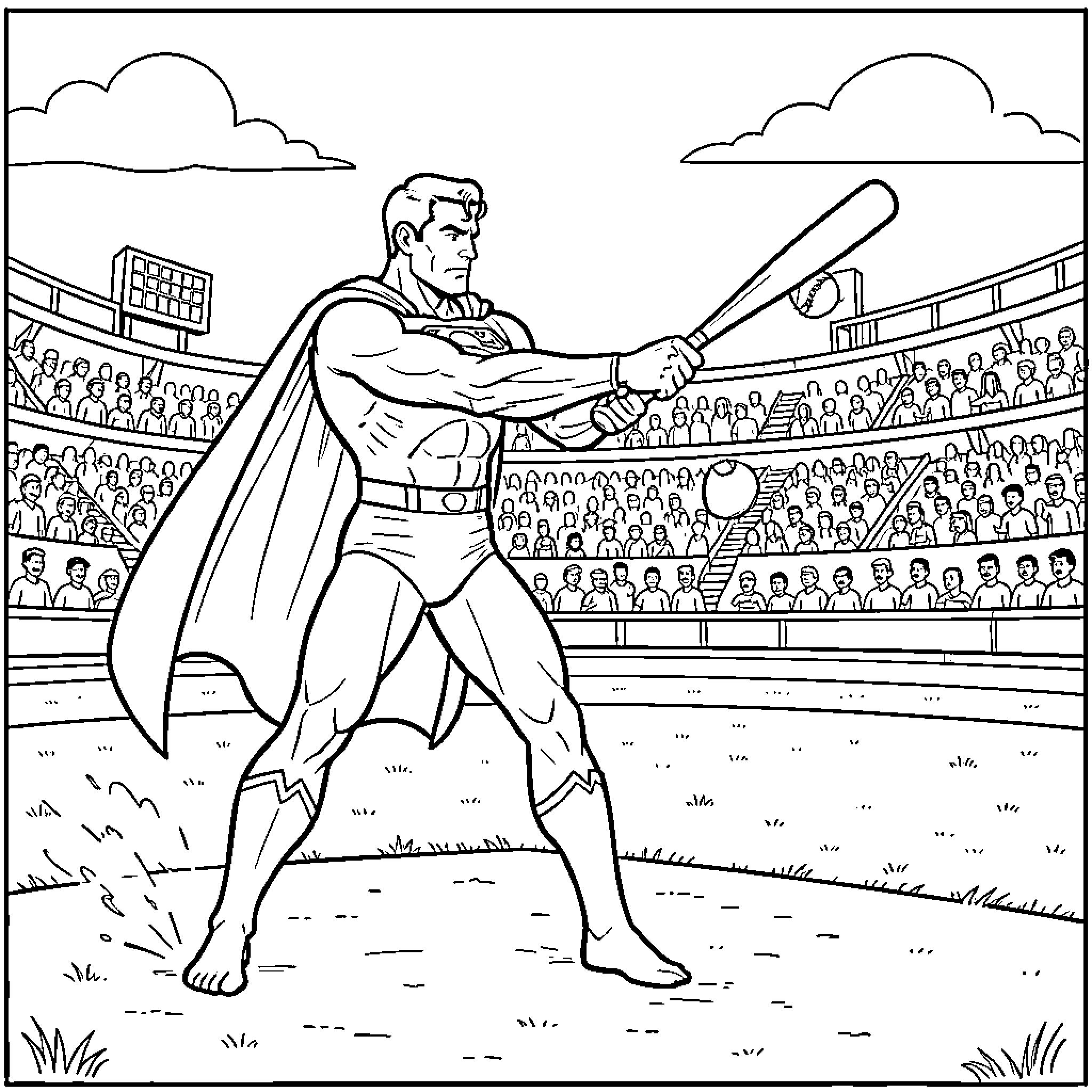 Superman swinging a baseball bat in a stadium Coloring Page (free black-and-white line drawing printable PDF for all, from beginners to advanced learners, including children, teens, adults, and seniors)
