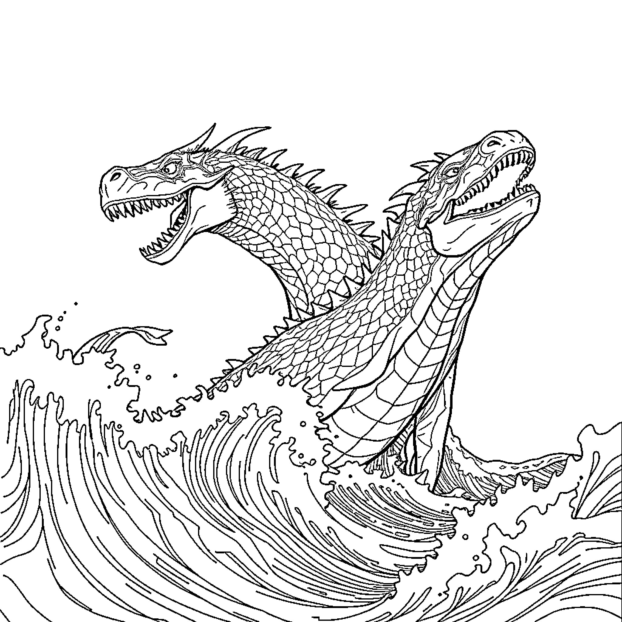 Seamonster duo battling the mighty ocean waves Coloring Page (free black-and-white line drawing printable PDF for all, from beginners to advanced learners, including children, teens, adults, and seniors)