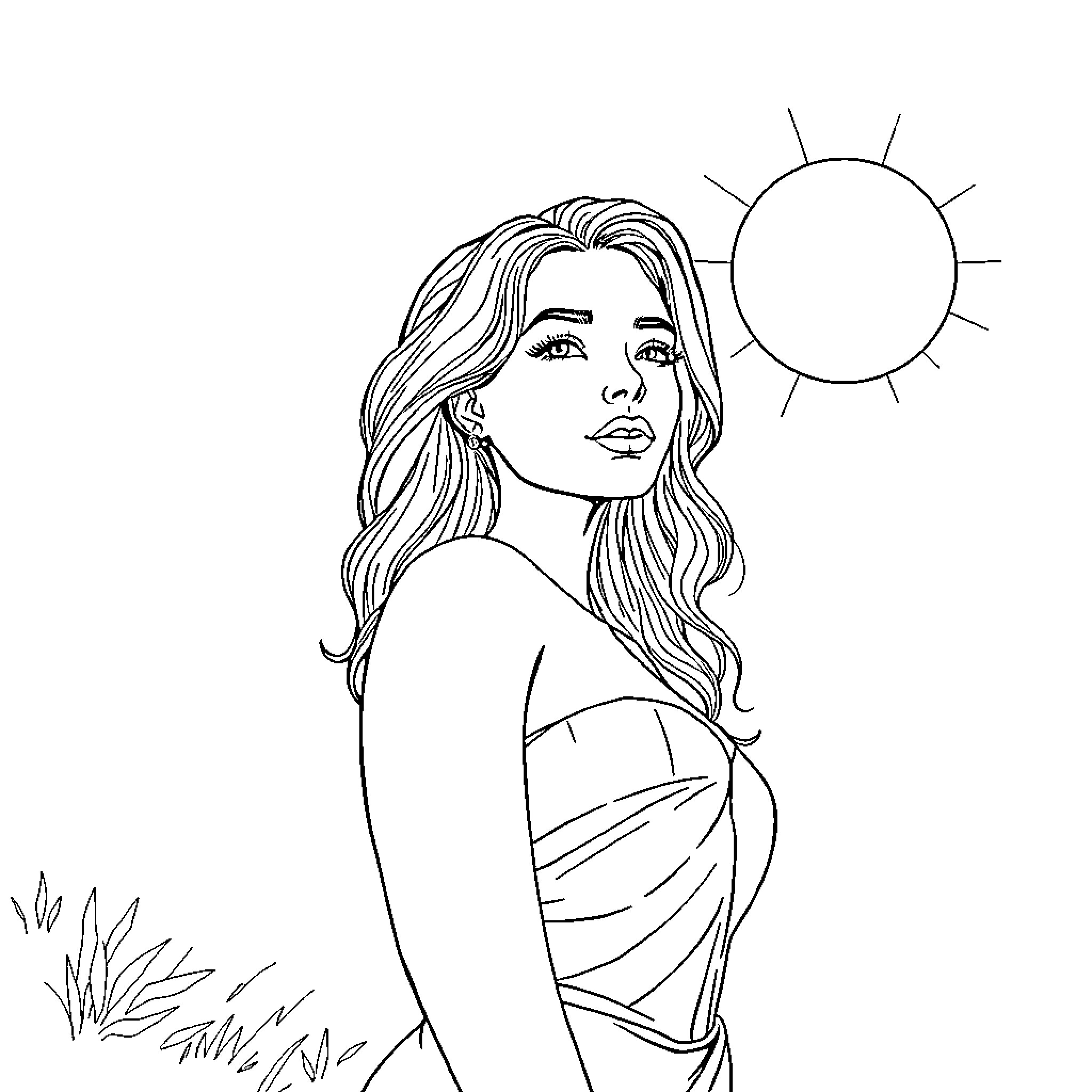 Woman enjoying the sun in a peaceful setting Coloring Page (free black-and-white line drawing printable PDF for all, from beginners to advanced learners, including children, teens, adults, and seniors)
