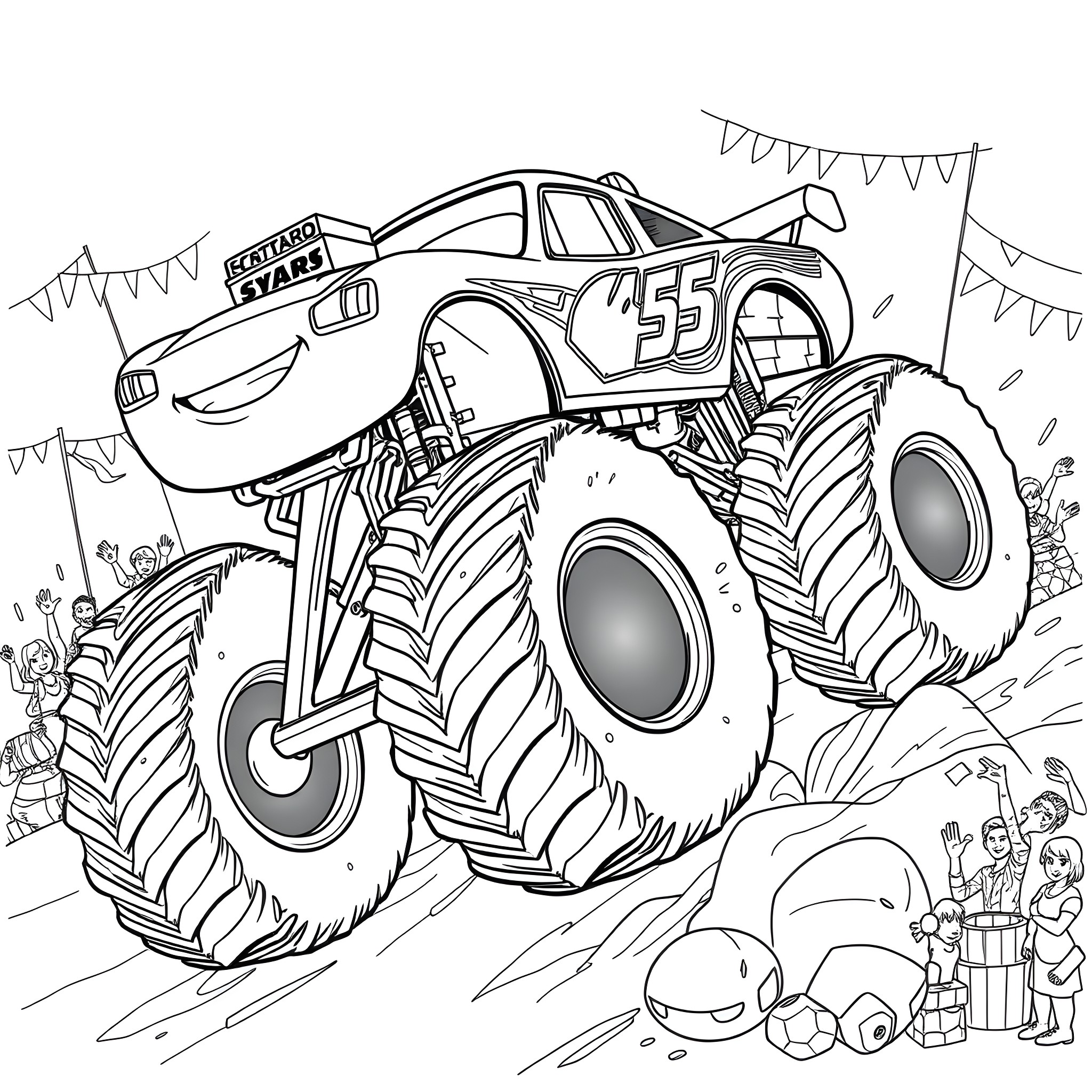 Monster Truck Crushing Obstacles in Action-Packed Scene Coloring Page (free black-and-white line drawing printable PDF for all, from beginners to advanced learners, including children, teens, adults, and seniors)