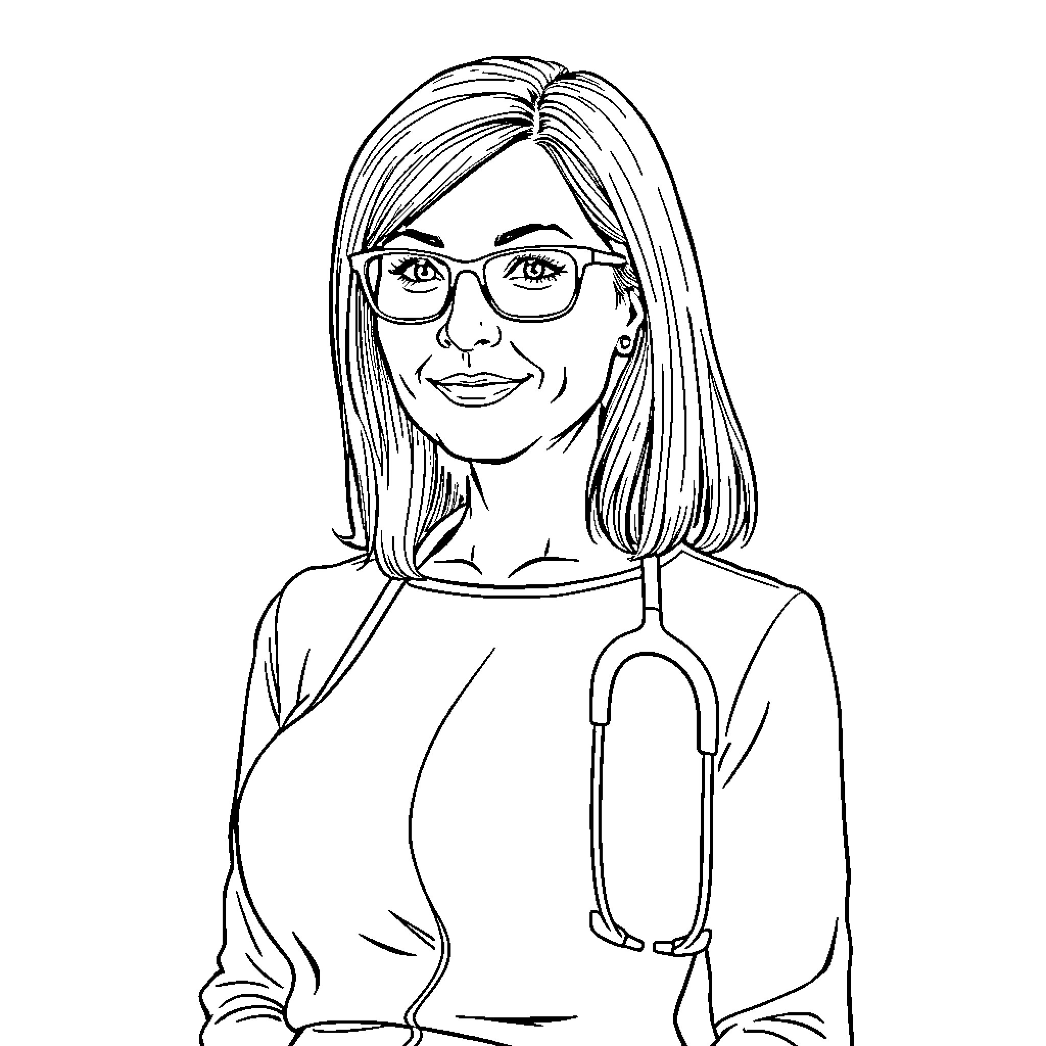 Woman in glasses smiling confidently Coloring Page (free black-and-white line drawing printable PDF for all, from beginners to advanced learners, including children, teens, adults, and seniors)