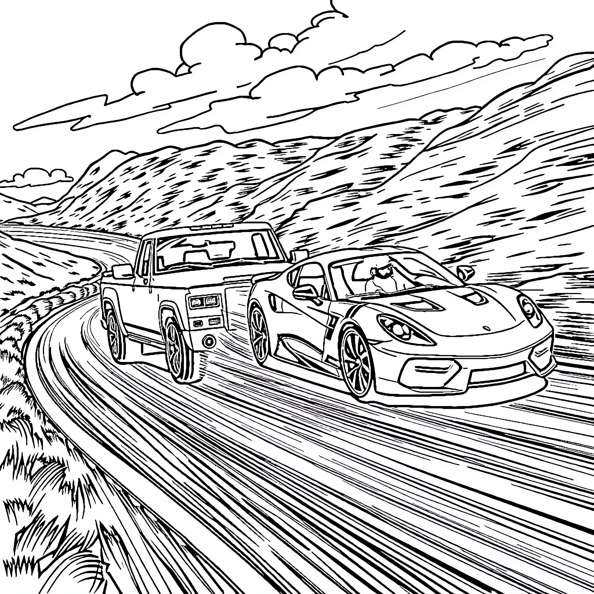 Truck racing sports car on winding mountain road Coloring Page (free black-and-white line drawing printable PDF for all, from beginners to advanced learners, including children, teens, adults, and seniors)