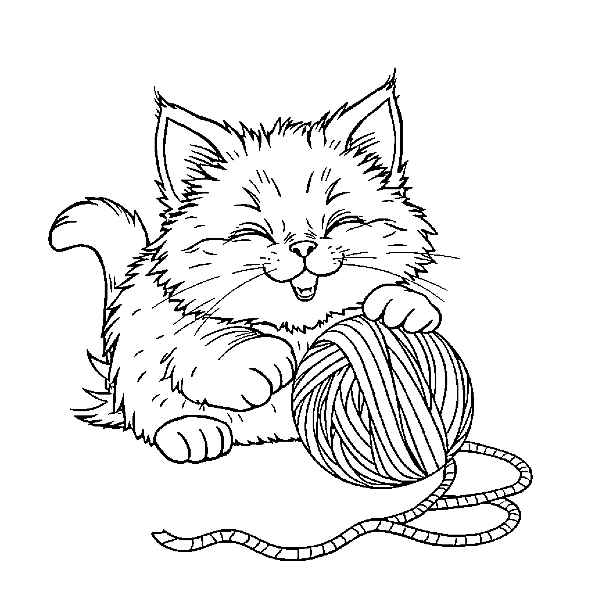 Cat playing with ball of yarn Coloring Page (free black-and-white line drawing printable PDF for all, from beginners to advanced learners, including children, teens, adults, and seniors)
