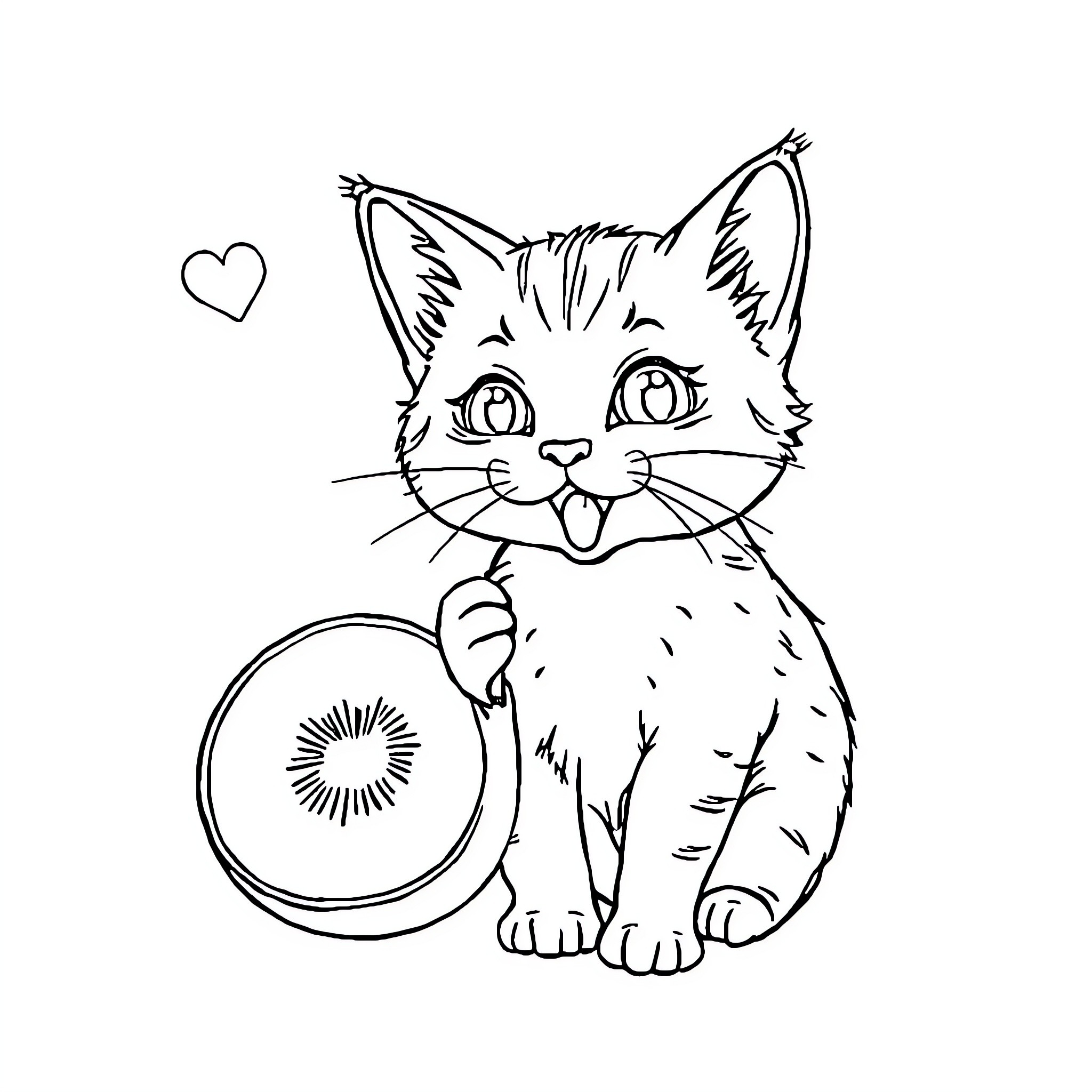 Chat with Playful Kitten and Heart Emblem Coloring Page (free black-and-white line drawing printable PDF for all, from beginners to advanced learners, including children, teens, adults, and seniors)