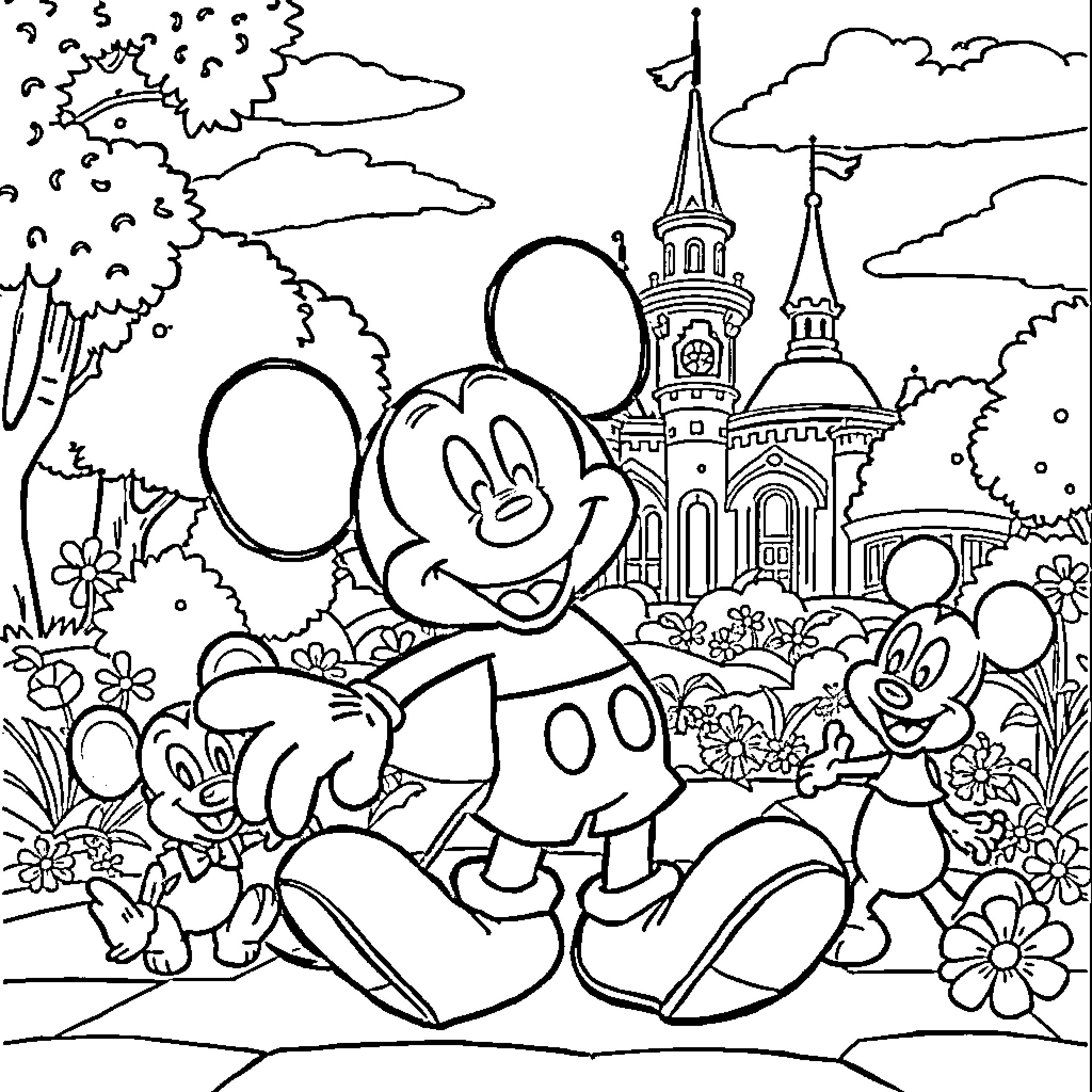 Mickey Mouse and friends explore the enchanted castle garden Coloring Page (free black-and-white line drawing printable PDF for all, from beginners to advanced learners, including children, teens, adults, and seniors)