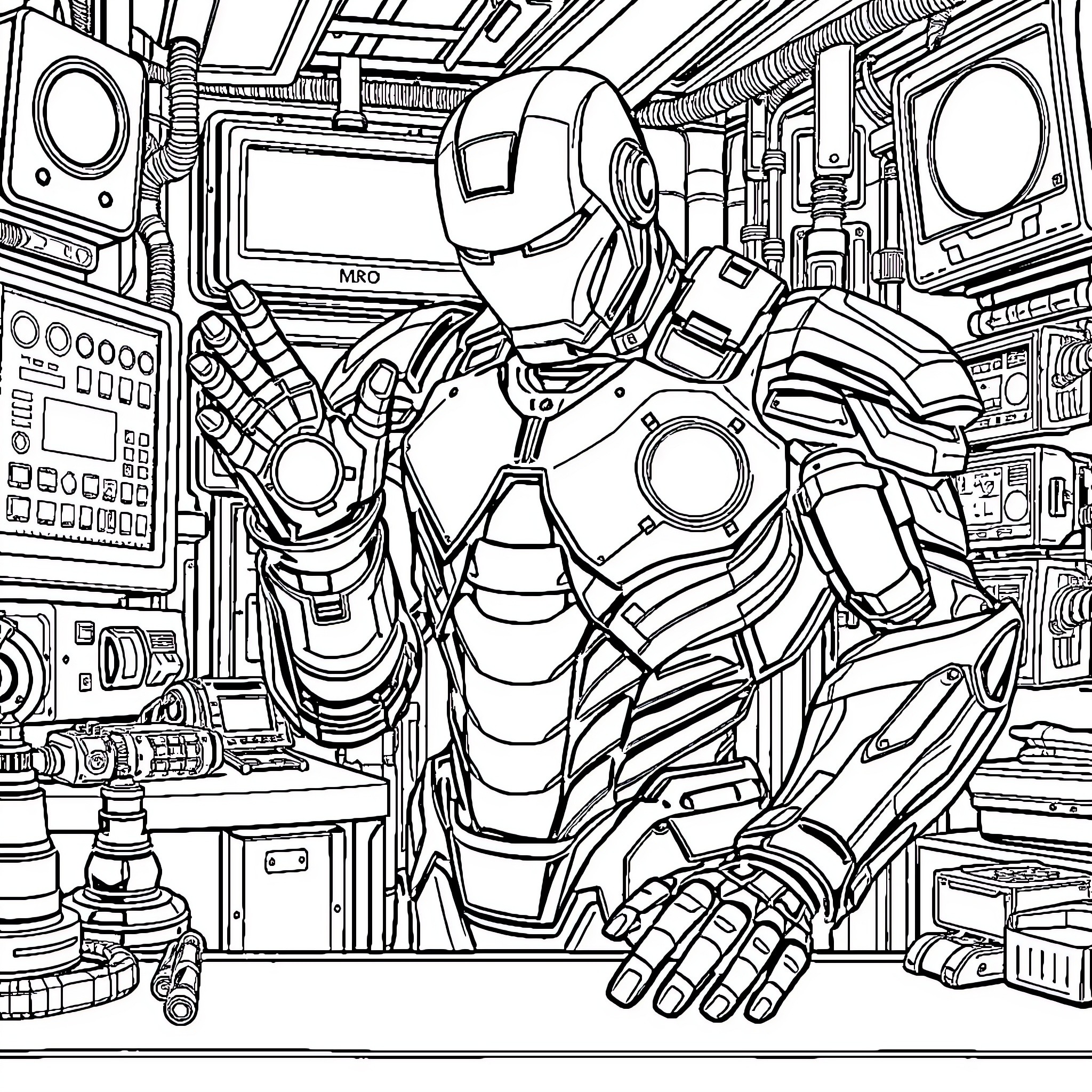 Iron Man Heroic Robotic Warrior in Futuristic Technological Landscape Coloring Page (free black-and-white line drawing printable PDF for all, from beginners to advanced learners, including children, teens, adults, and seniors)