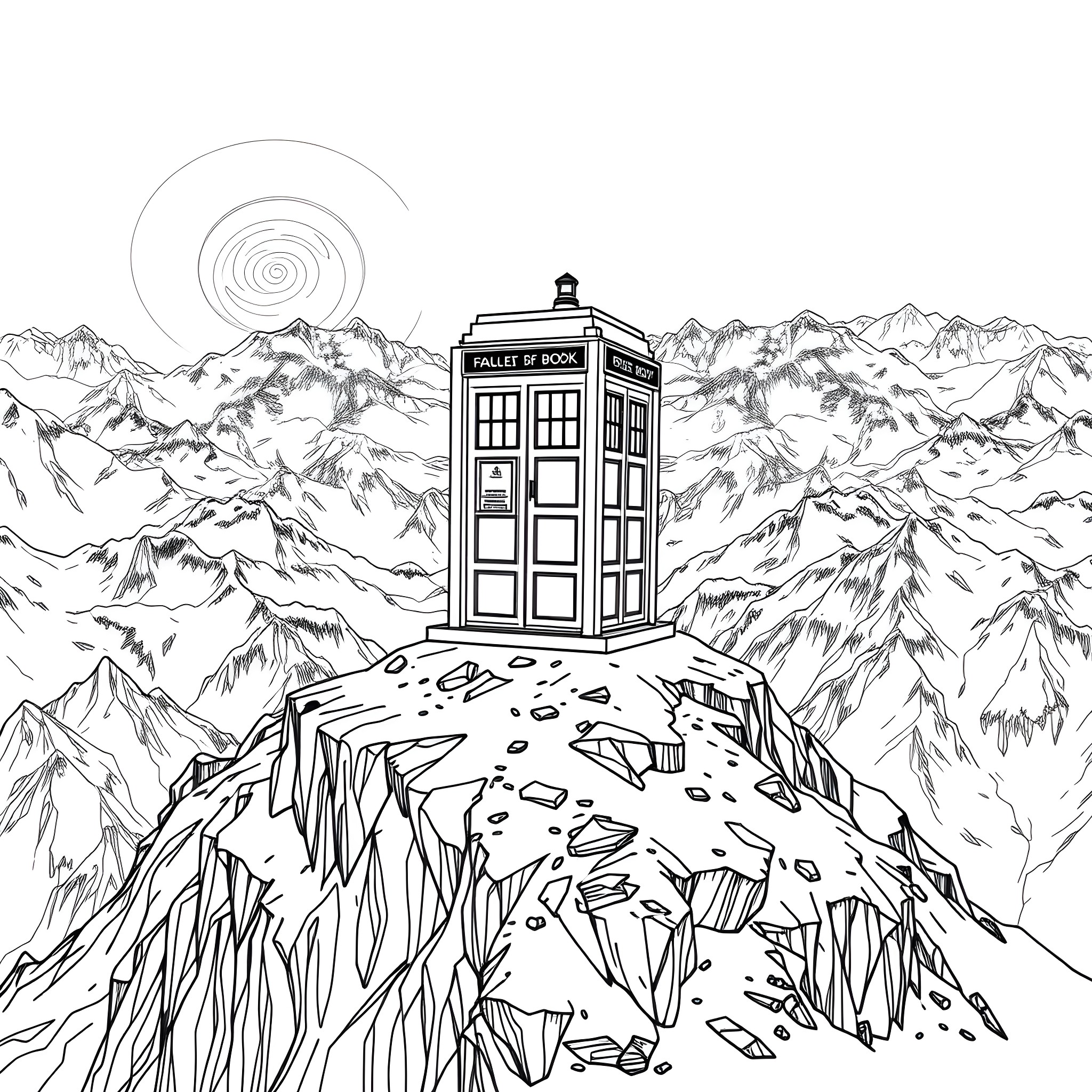 TARDIS on a cliff overlooking a snowy mountain range Coloring Page (free black-and-white line drawing printable PDF for all, from beginners to advanced learners, including children, teens, adults, and seniors)
