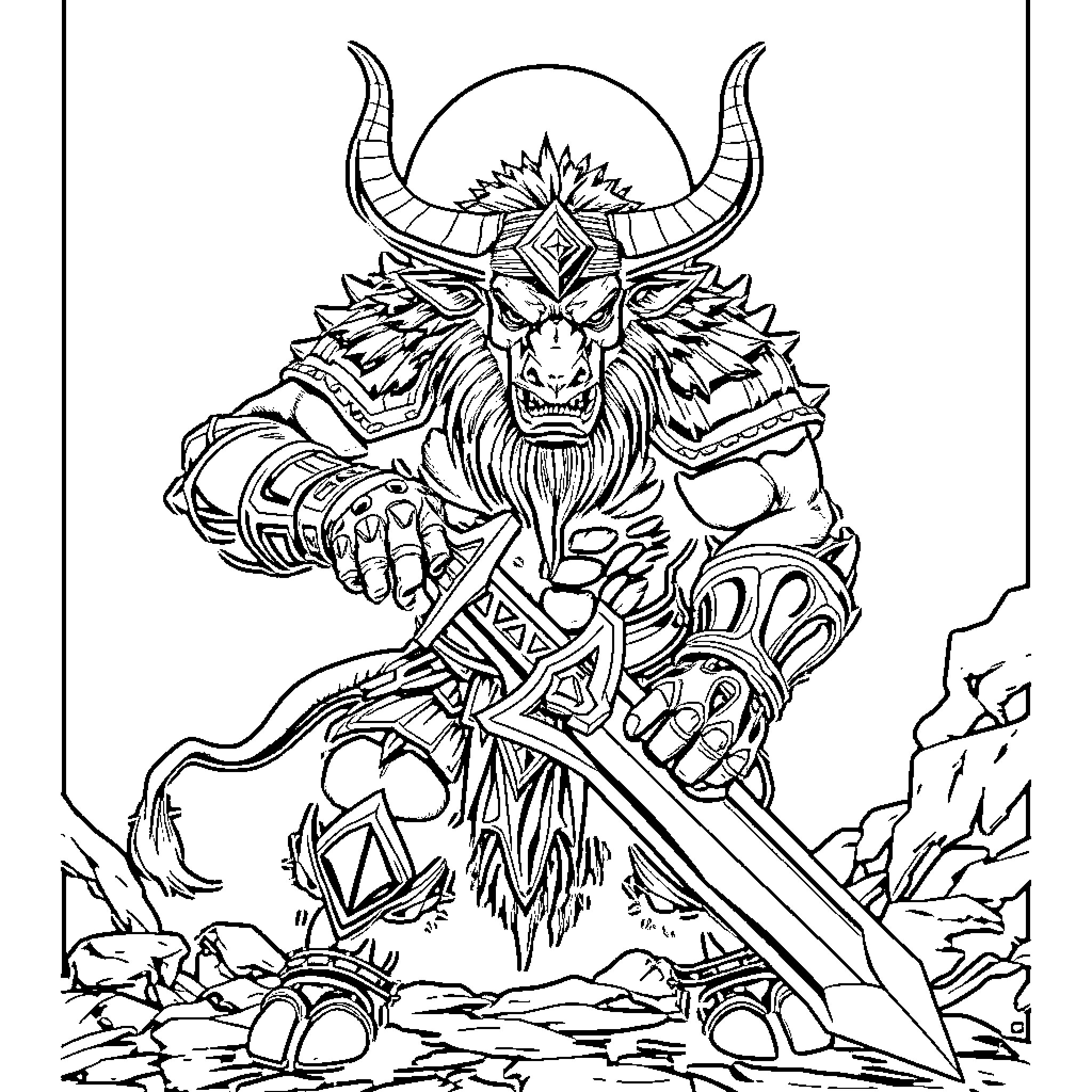 Minotaur Warrior Wielding Sword in Battle Coloring Page (free black-and-white line drawing printable PDF for all, from beginners to advanced learners, including children, teens, adults, and seniors)
