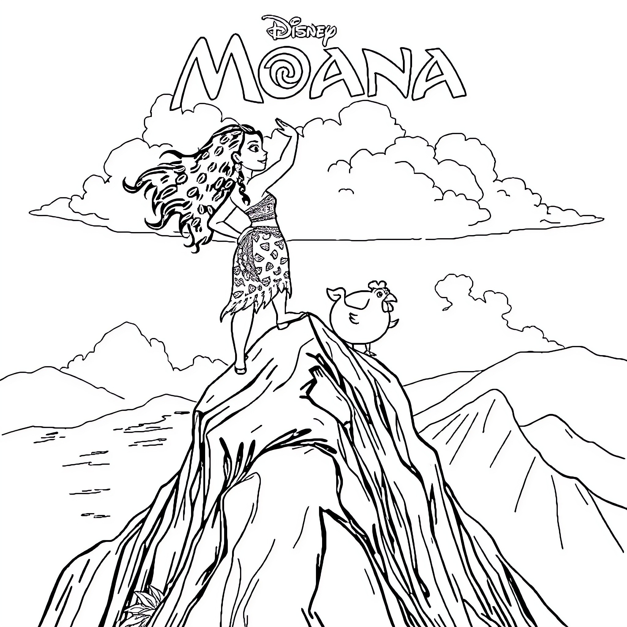 Moana standing proudly on a rocky cliff Coloring Page (free black-and-white line drawing printable PDF for all, from beginners to advanced learners, including children, teens, adults, and seniors)
