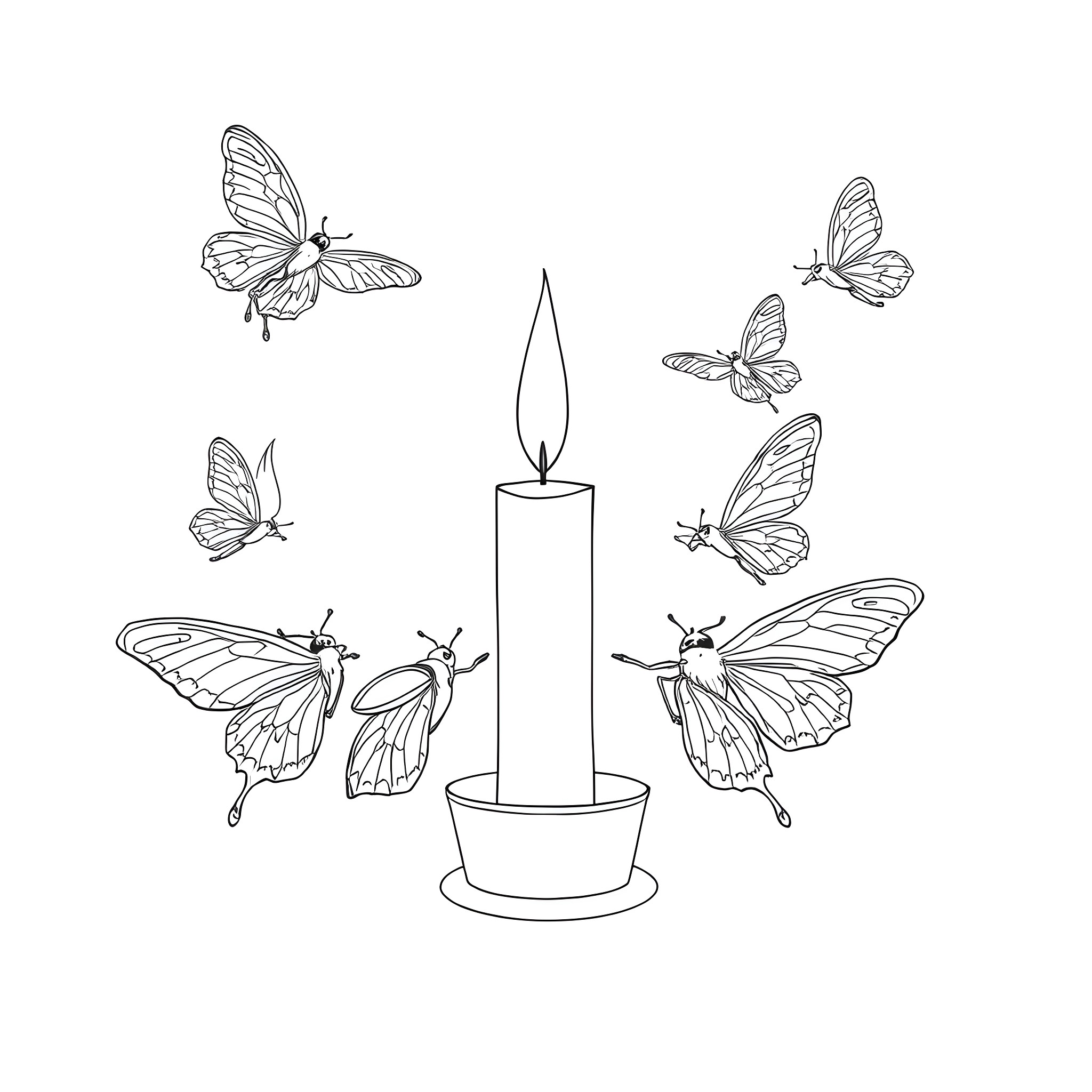 Moth fluttering around a flickering candle Coloring Page (free black-and-white line drawing printable PDF for all, from beginners to advanced learners, including children, teens, adults, and seniors)