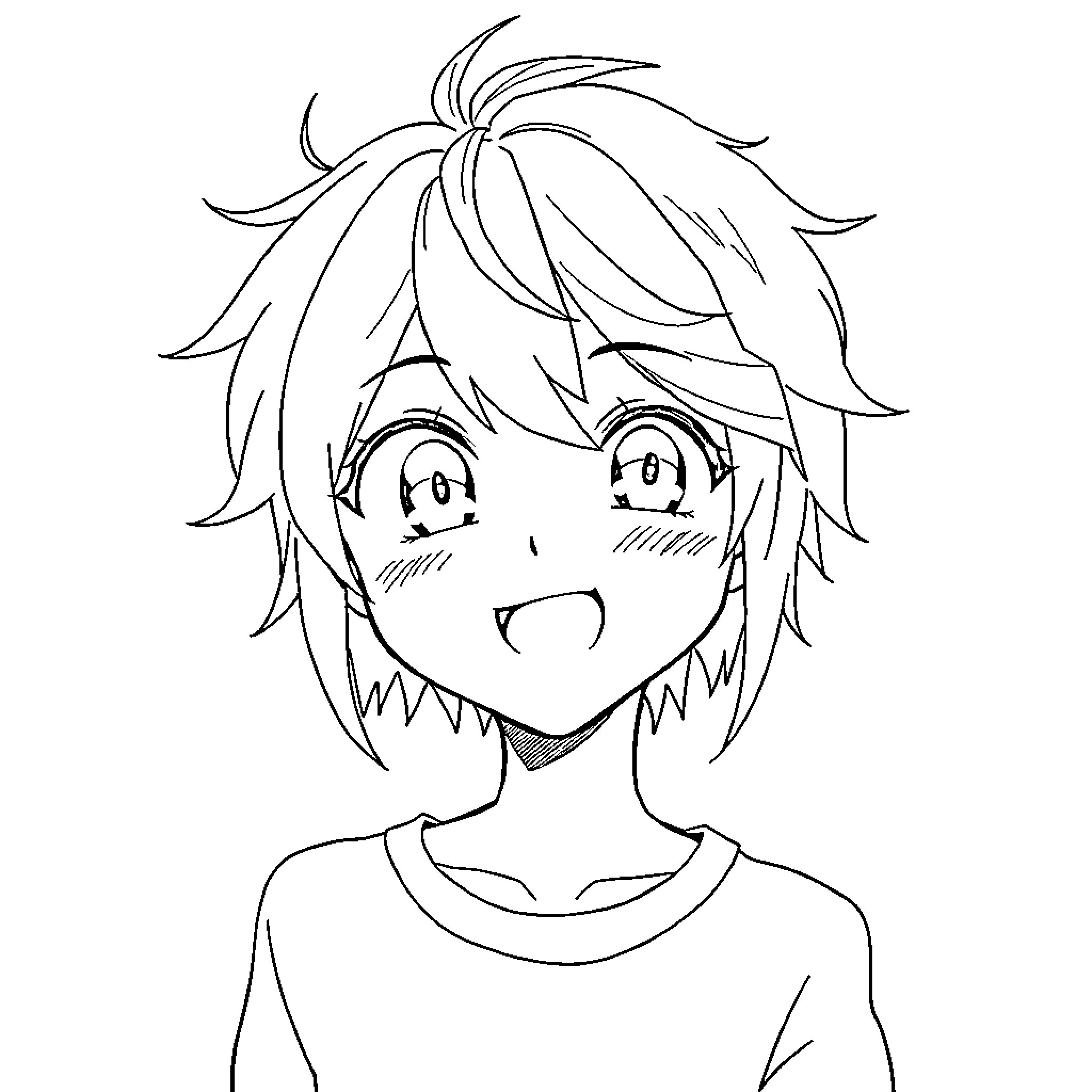 Anime character with expressive facial features Coloring Page (free black-and-white line drawing printable PDF for all, from beginners to advanced learners, including children, teens, adults, and seniors)