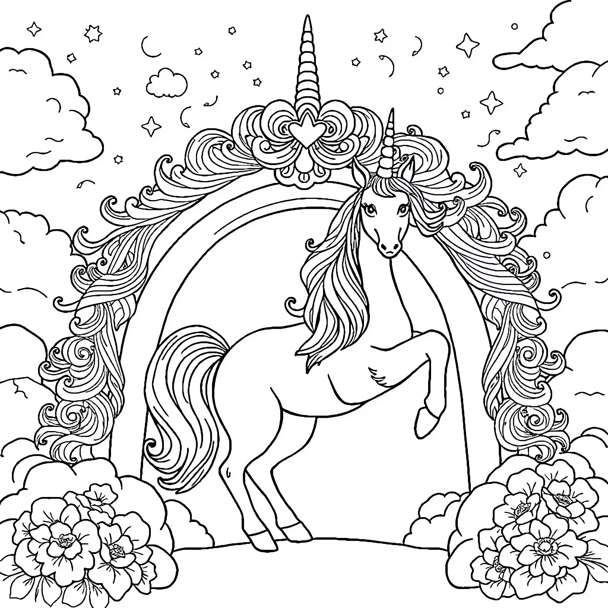 Unicorn enchanted in a magical dream scene Coloring Page (free black-and-white line drawing printable PDF for all, from beginners to advanced learners, including children, teens, adults, and seniors)