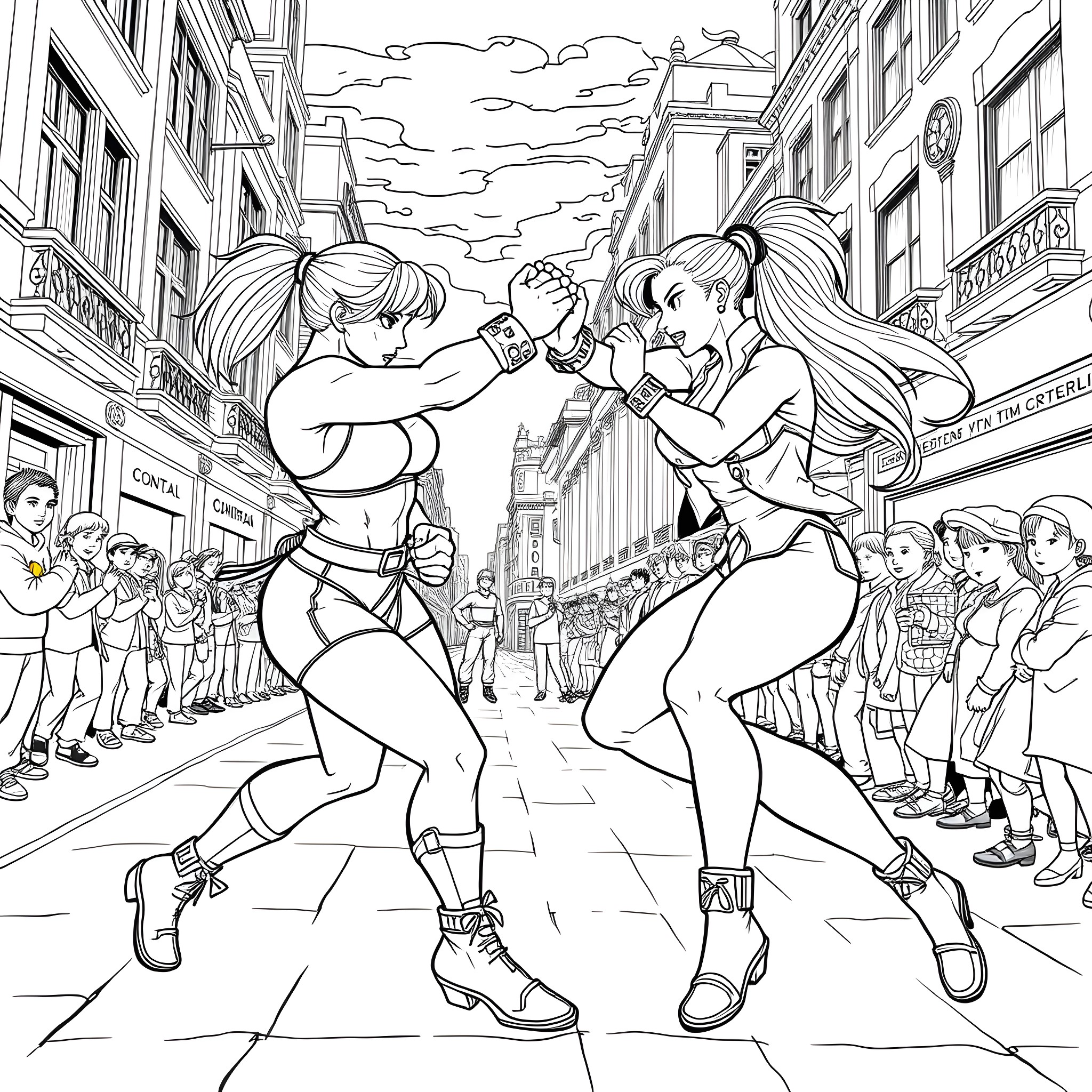 Chun Li in an intense fighting scene on the city street Coloring Page (free black-and-white line drawing printable PDF for all, from beginners to advanced learners, including children, teens, adults, and seniors)