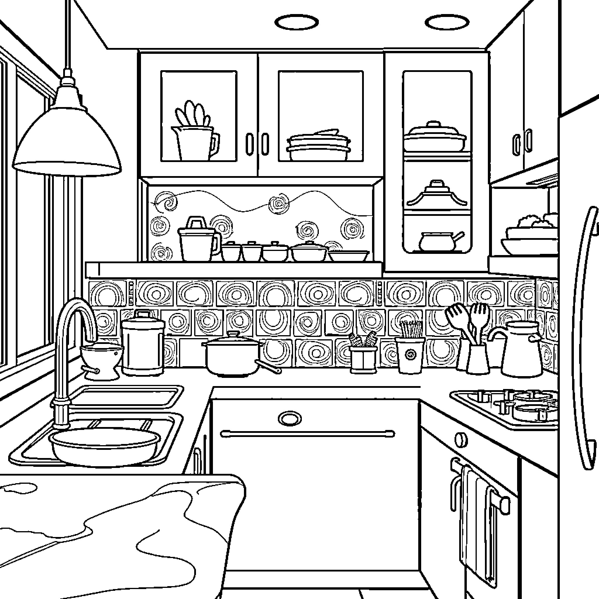 Kitchen filled with cookware and utensils Coloring Page (free black-and-white line drawing printable PDF for all, from beginners to advanced learners, including children, teens, adults, and seniors)