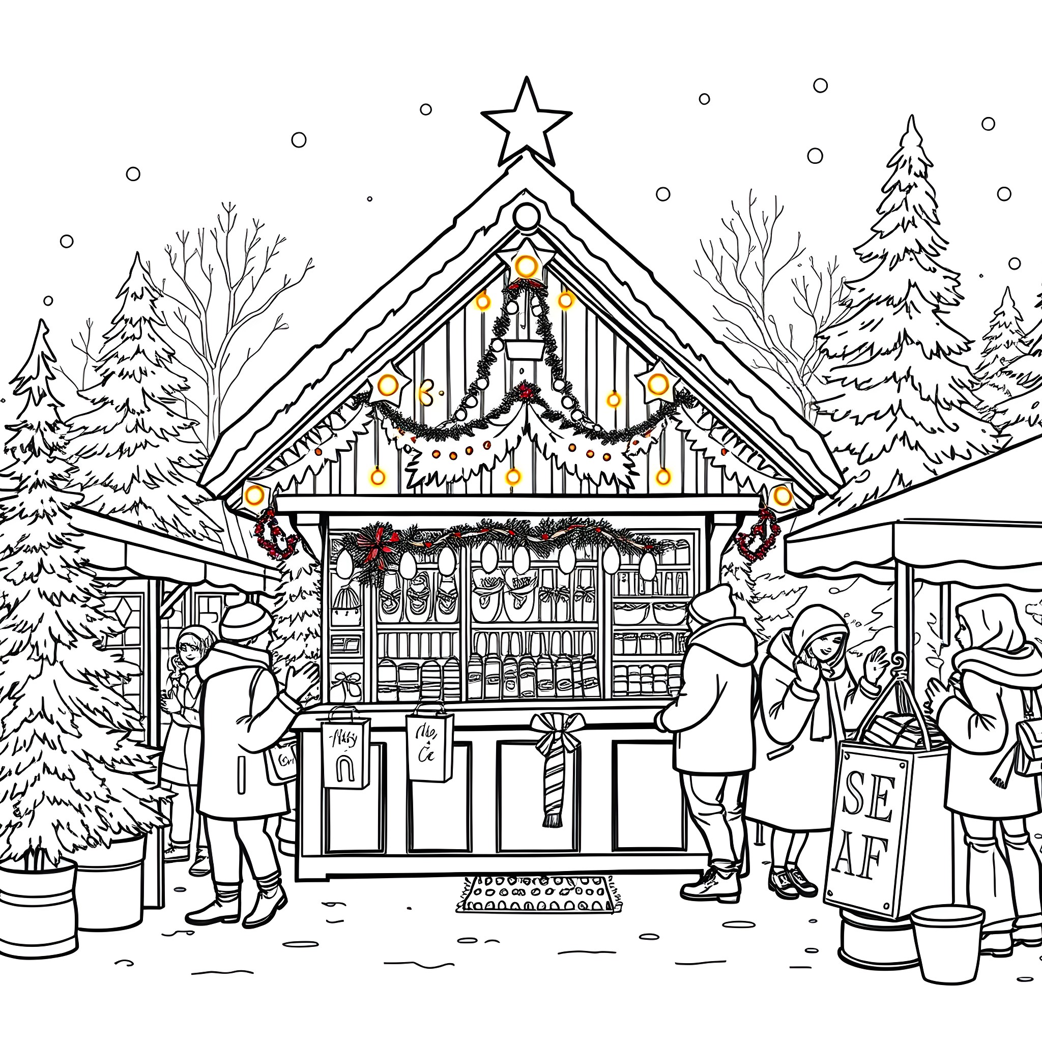 Christmas Market with Festive Stalls and Shoppers Coloring Page (free black-and-white line drawing printable PDF for all, from beginners to advanced learners, including children, teens, adults, and seniors)