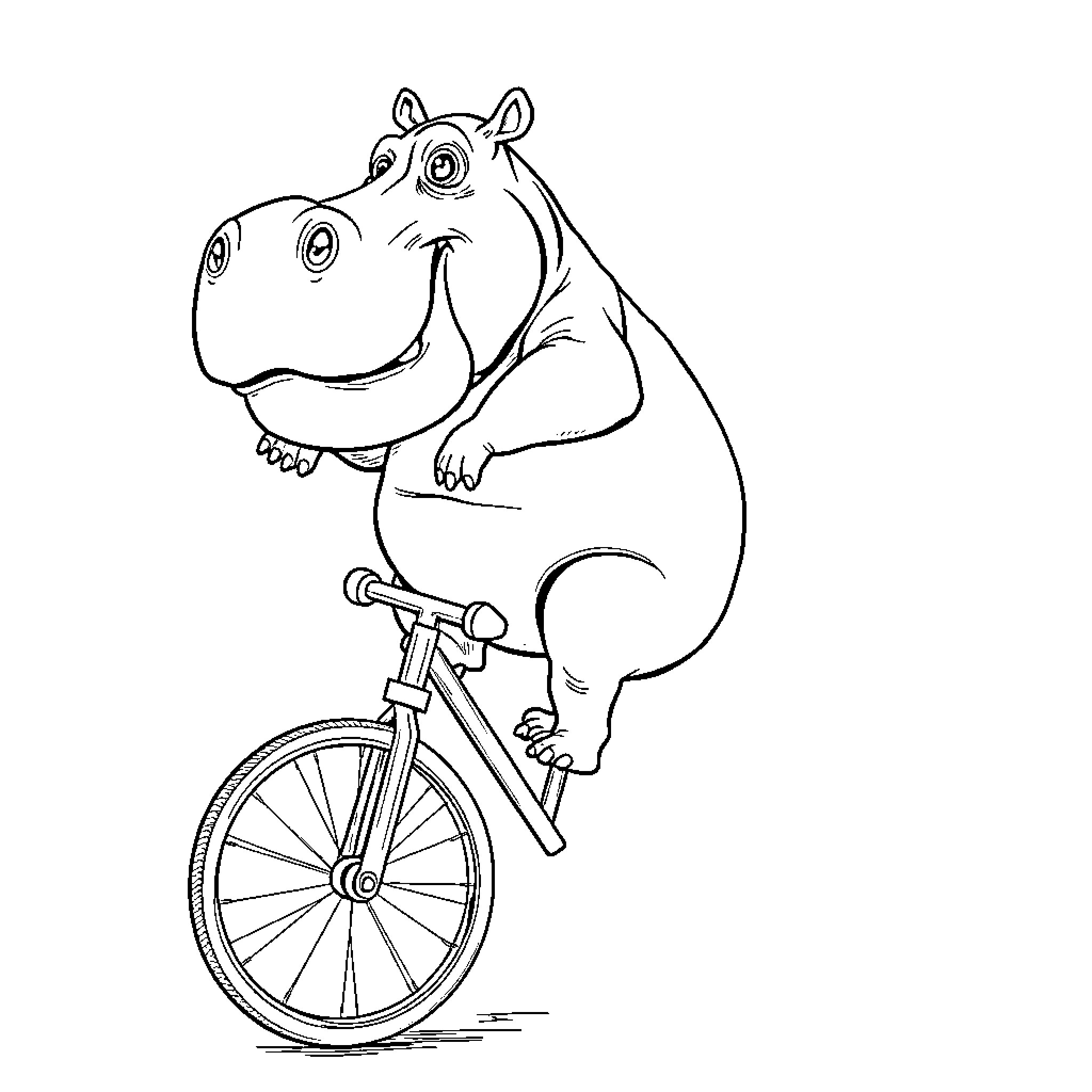 Hippo riding a bicycle enthusiastically Coloring Page (free black-and-white line drawing printable PDF for all, from beginners to advanced learners, including children, teens, adults, and seniors)