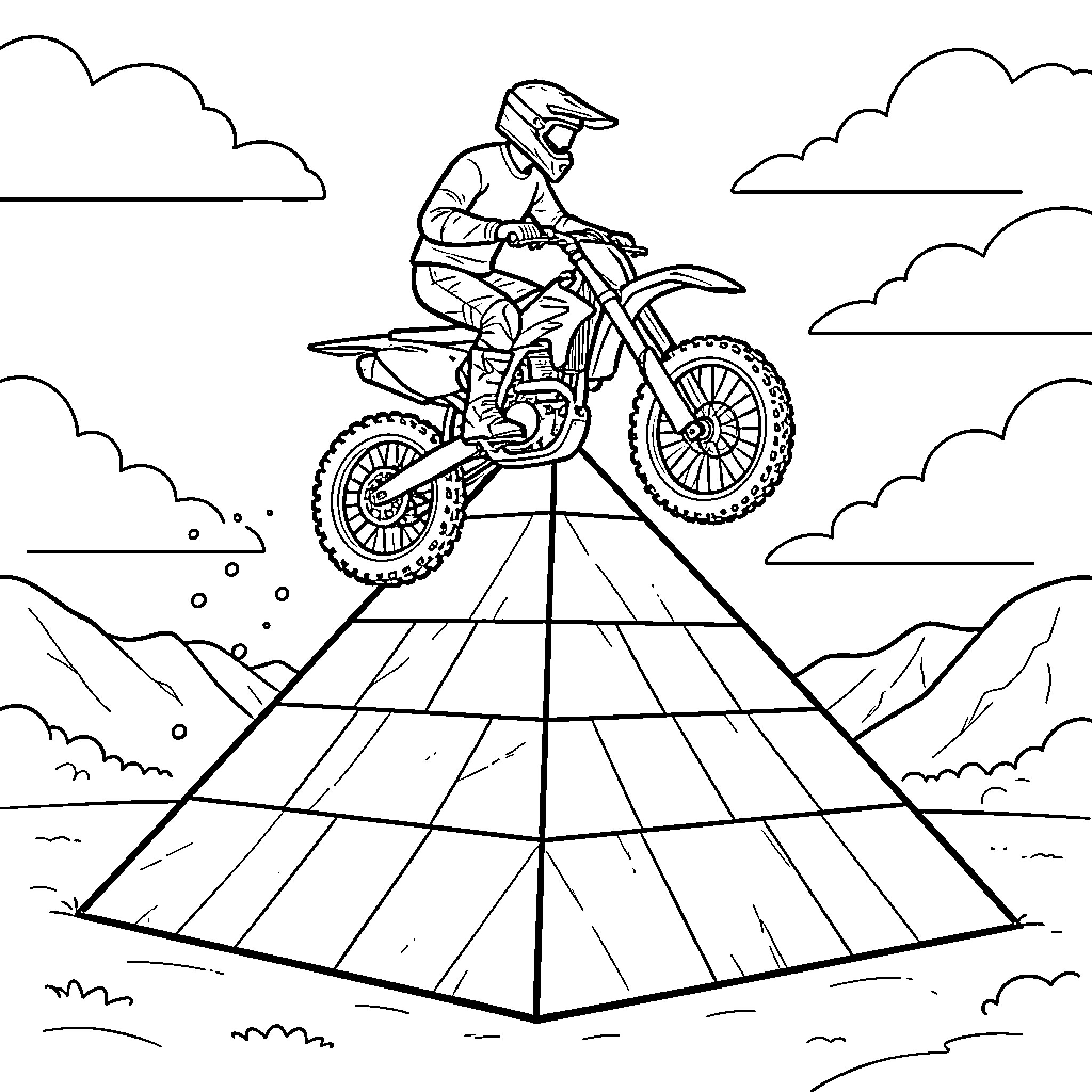 Motocross rider performing a jump over a ramp Coloring Page (free black-and-white line drawing printable PDF for all, from beginners to advanced learners, including children, teens, adults, and seniors)