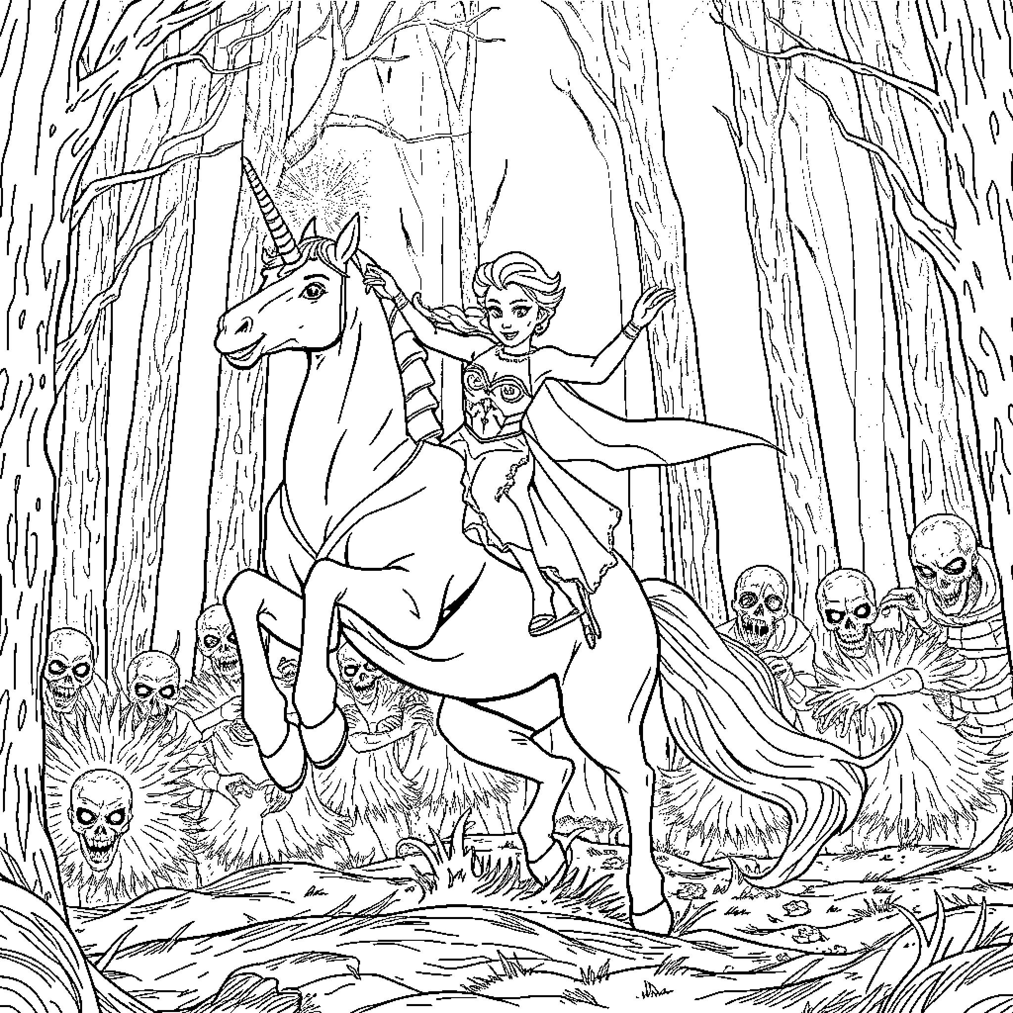 Elsa's Enchanted Unicorn Adventure Coloring Page (free black-and-white line drawing printable PDF for all, from beginners to advanced learners, including children, teens, adults, and seniors)