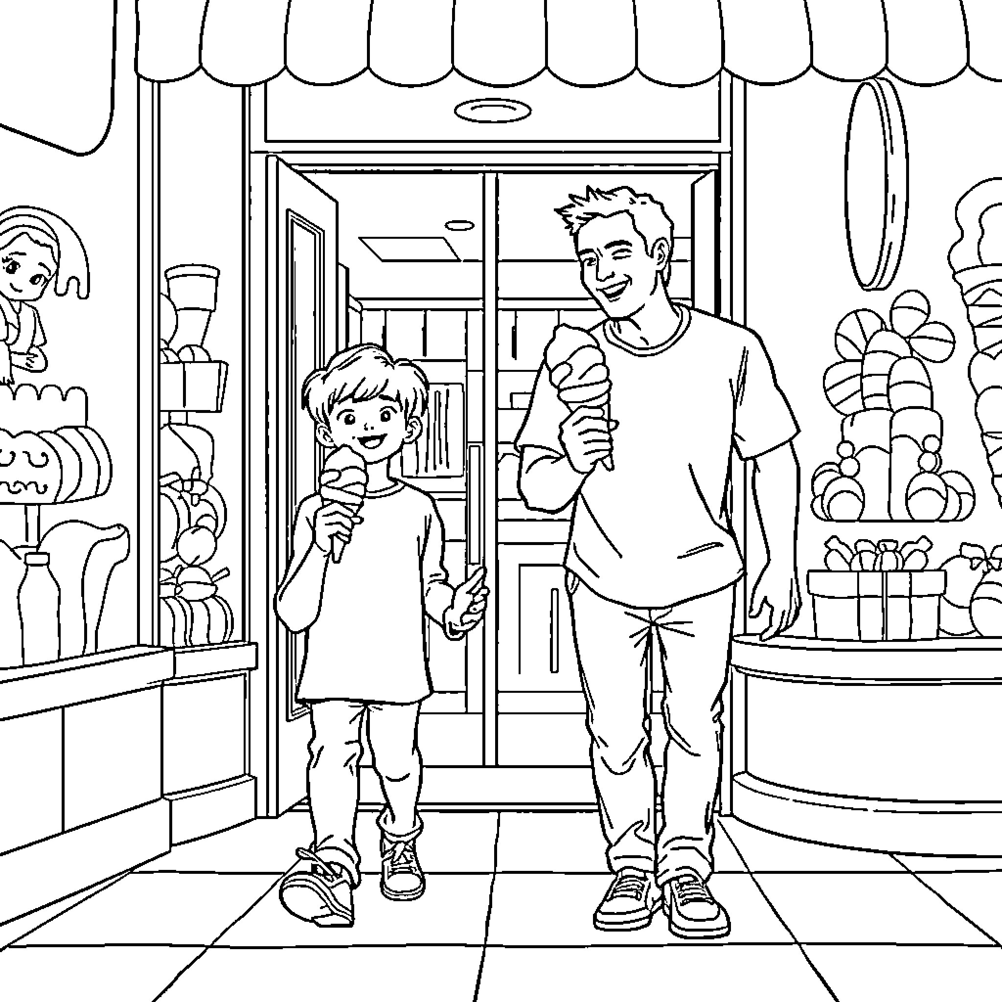 Man and Boy Enjoying Ice Cream at the Store Coloring Page (free black-and-white line drawing printable PDF for all, from beginners to advanced learners, including children, teens, adults, and seniors)