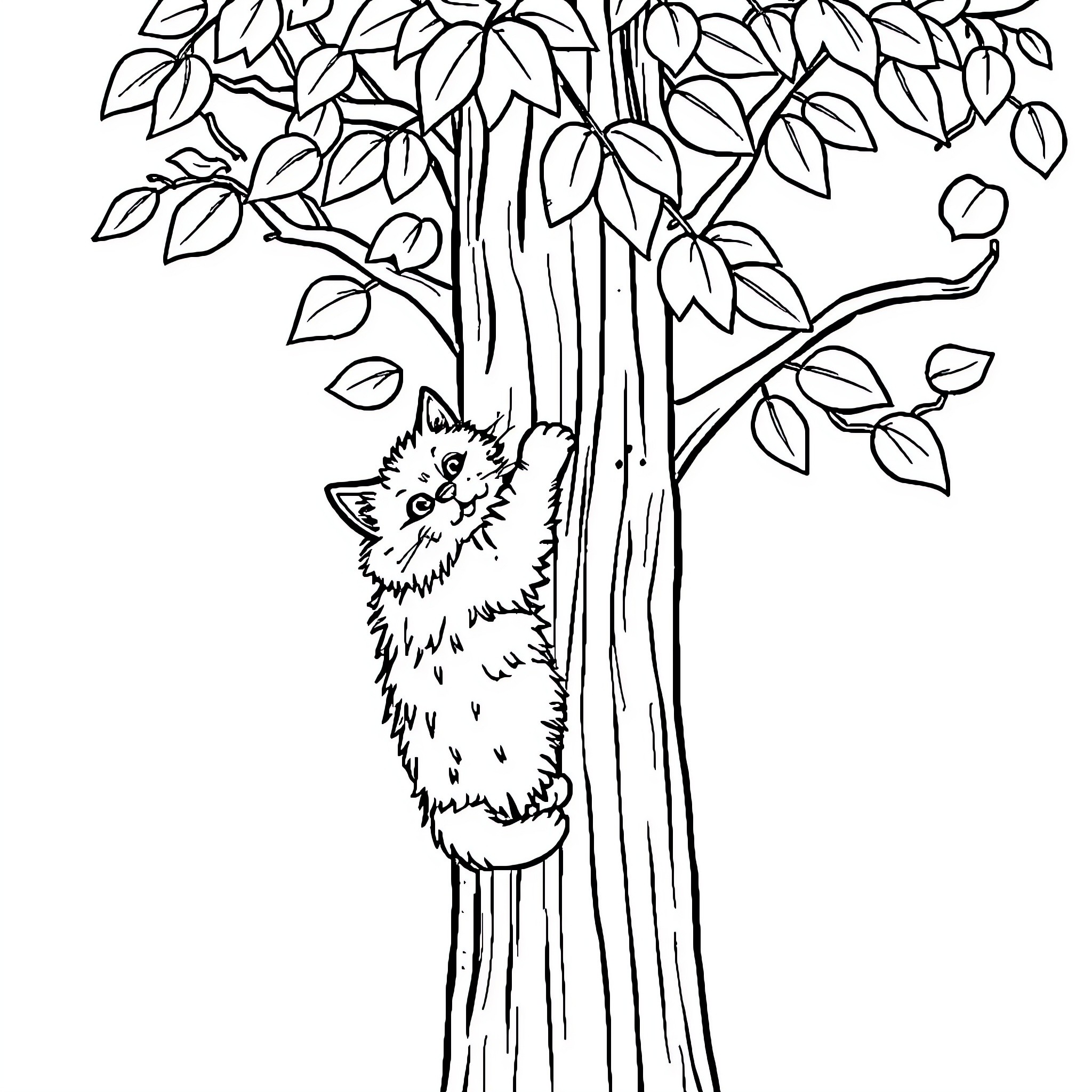 Cat hiding in the tree Coloring Page (free black-and-white line drawing printable PDF for all, from beginners to advanced learners, including children, teens, adults, and seniors)