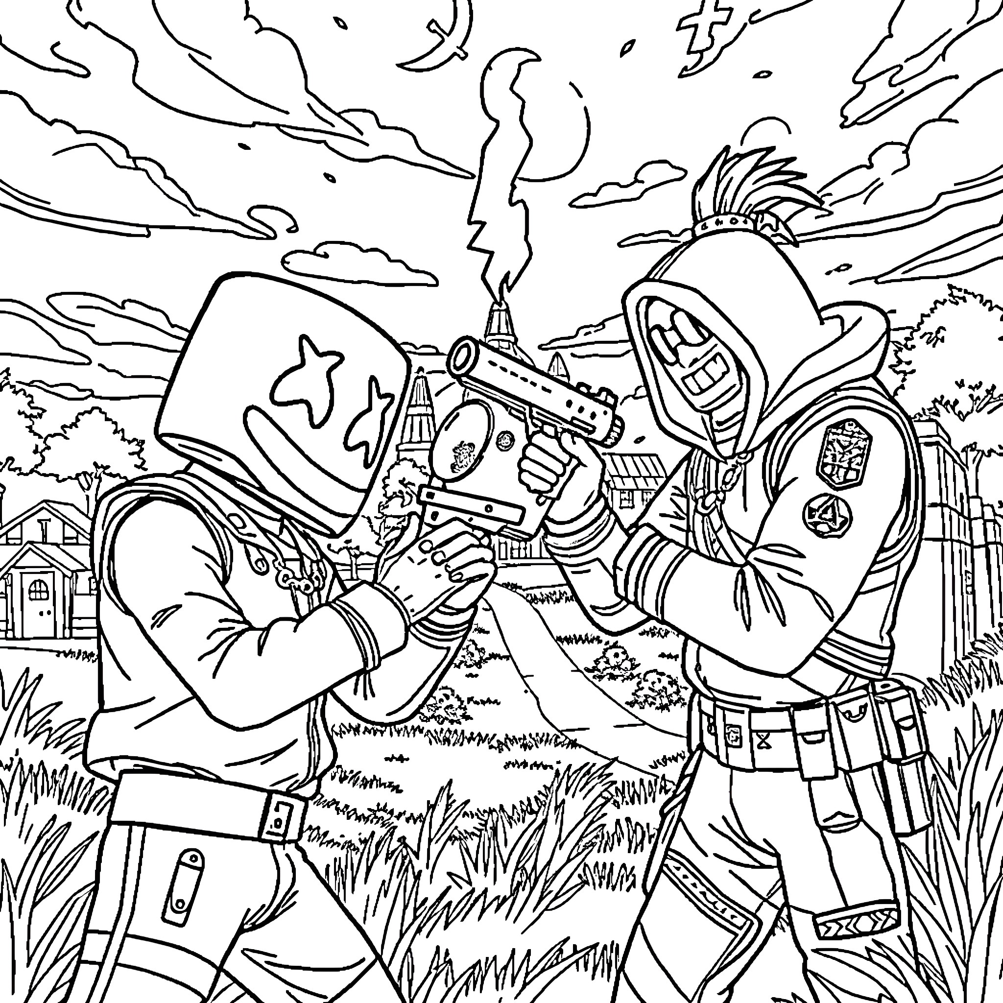 Fortnite characters in combat with futuristic weapons Coloring Page (free black-and-white line drawing printable PDF for all, from beginners to advanced learners, including children, teens, adults, and seniors)