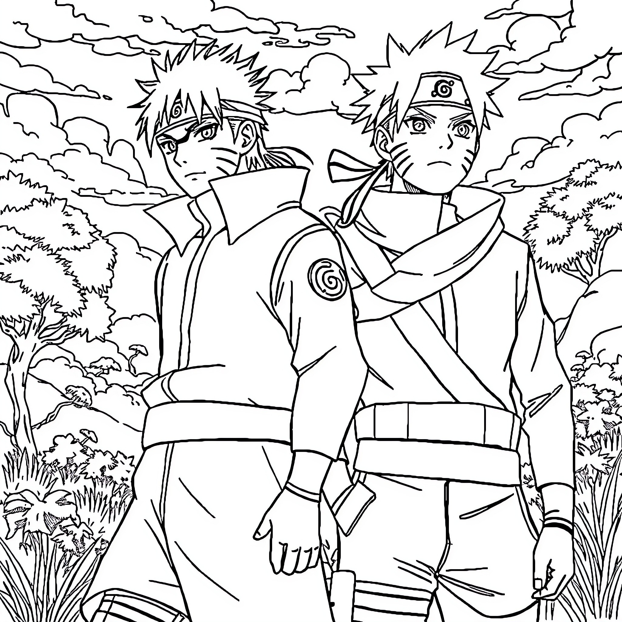 Tanjiro and Naruto in the Wilderness Coloring Page (free black-and-white line drawing printable PDF for all, from beginners to advanced learners, including children, teens, adults, and seniors)