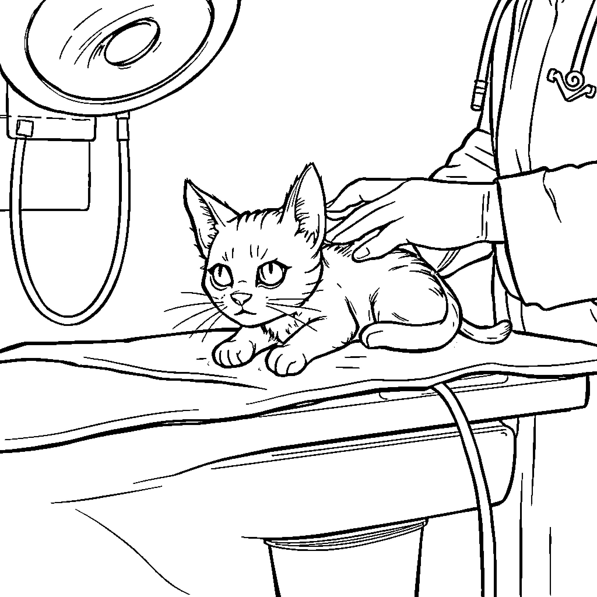 Cat resting on examination table in veterinary clinic Coloring Page (free black-and-white line drawing printable PDF for all, from beginners to advanced learners, including children, teens, adults, and seniors)