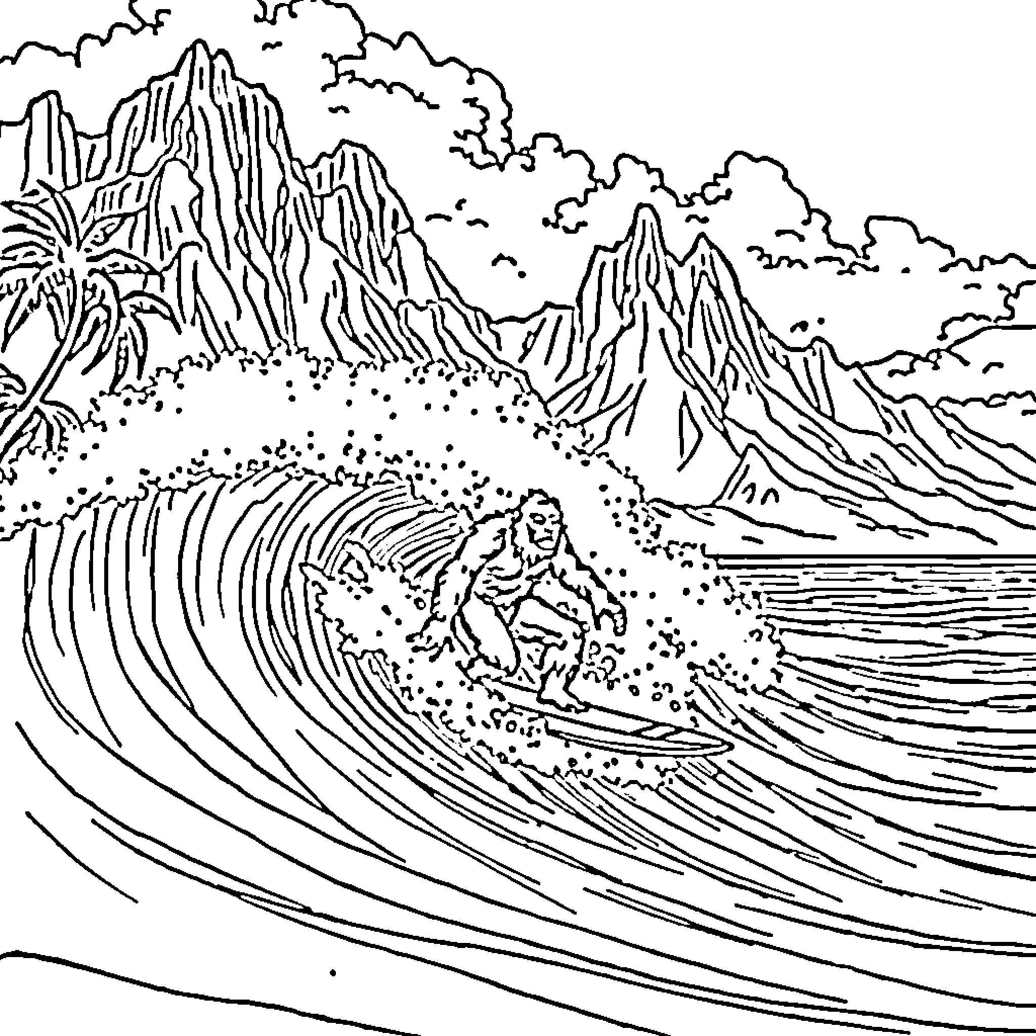 Bigfoot surfs massive wave in remote mountain landscape Coloring Page (free black-and-white line drawing printable PDF for all, from beginners to advanced learners, including children, teens, adults, and seniors)