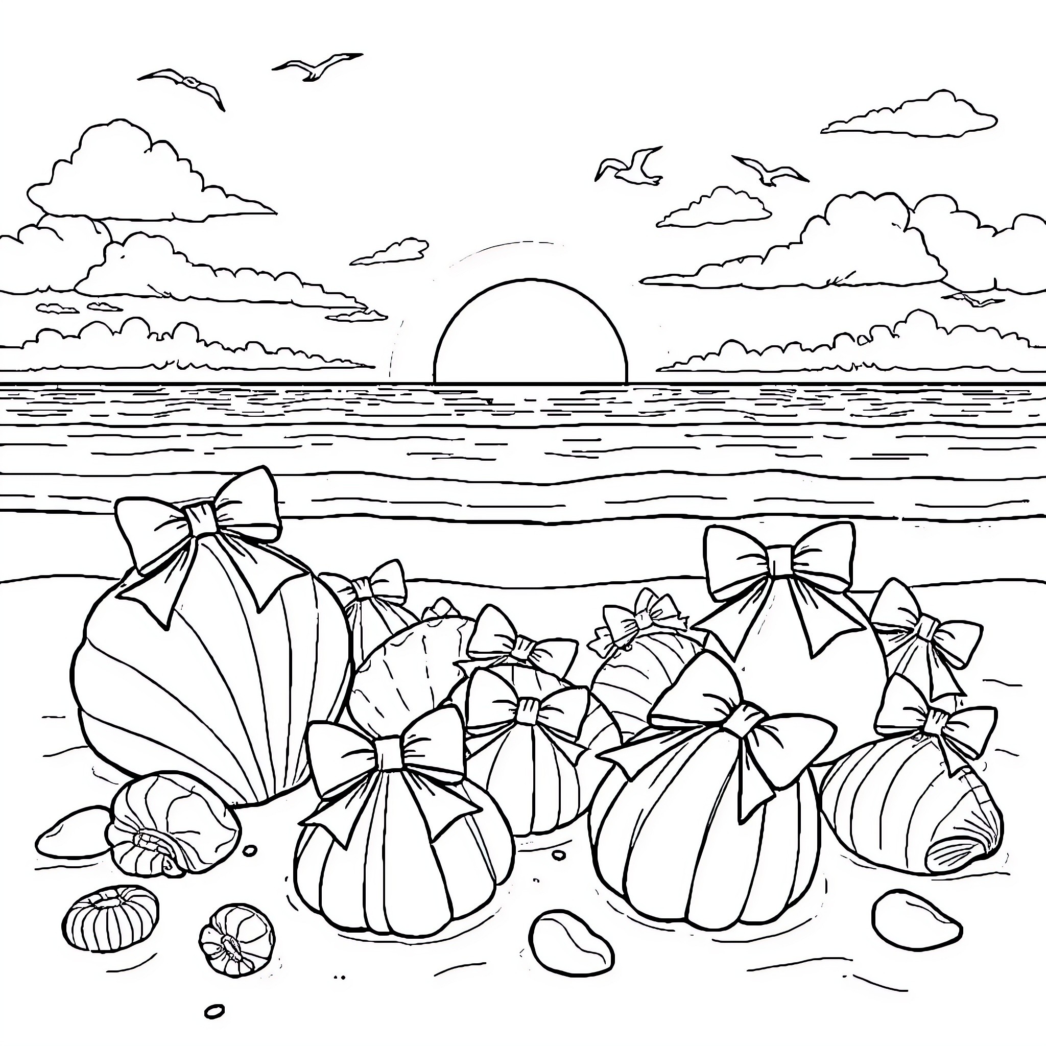 Shell-shaped gifts scattered on the beach at sunset Coloring Page (free black-and-white line drawing printable PDF for all, from beginners to advanced learners, including children, teens, adults, and seniors)