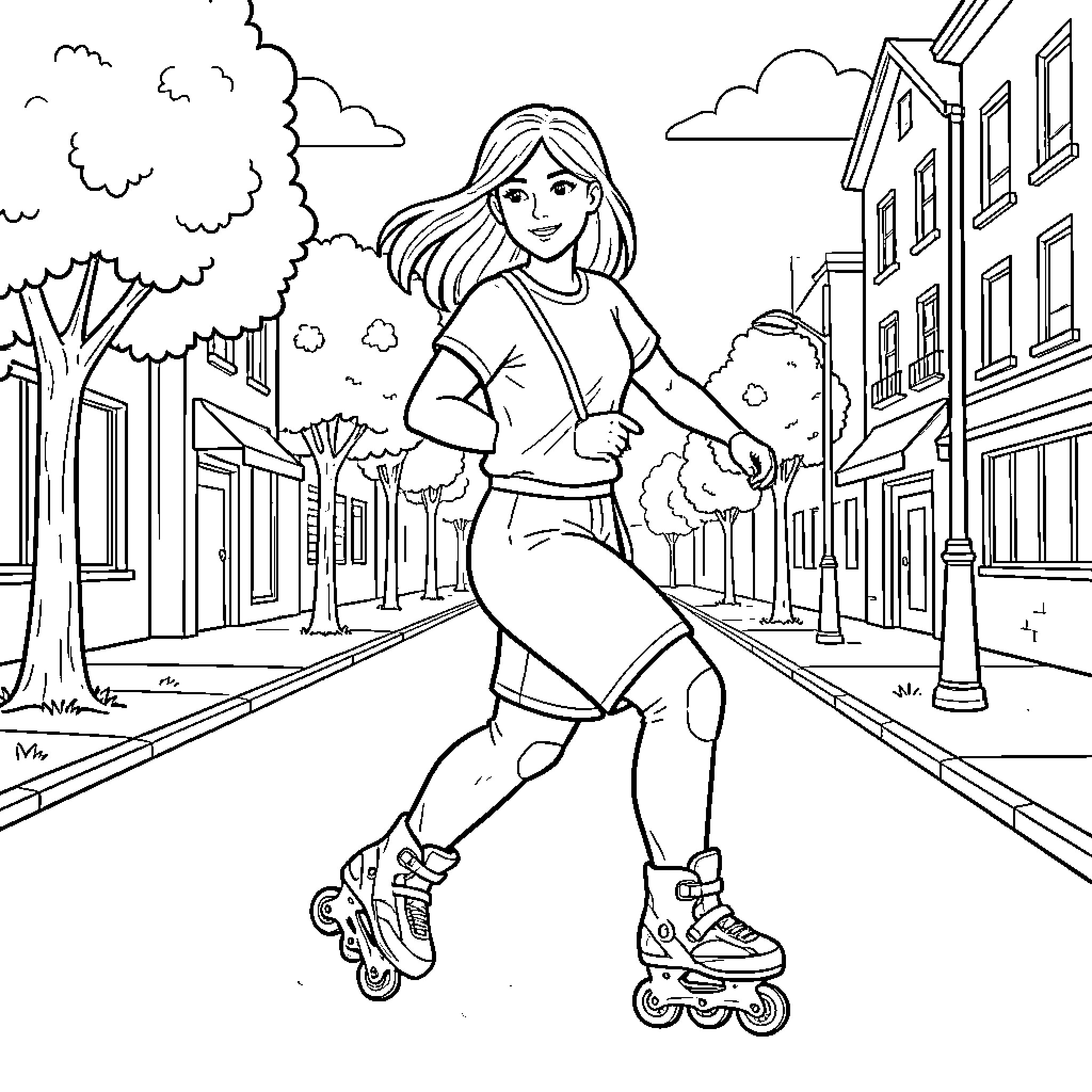 Patinadora skating through a city street Coloring Page (free black-and-white line drawing printable PDF for all, from beginners to advanced learners, including children, teens, adults, and seniors)
