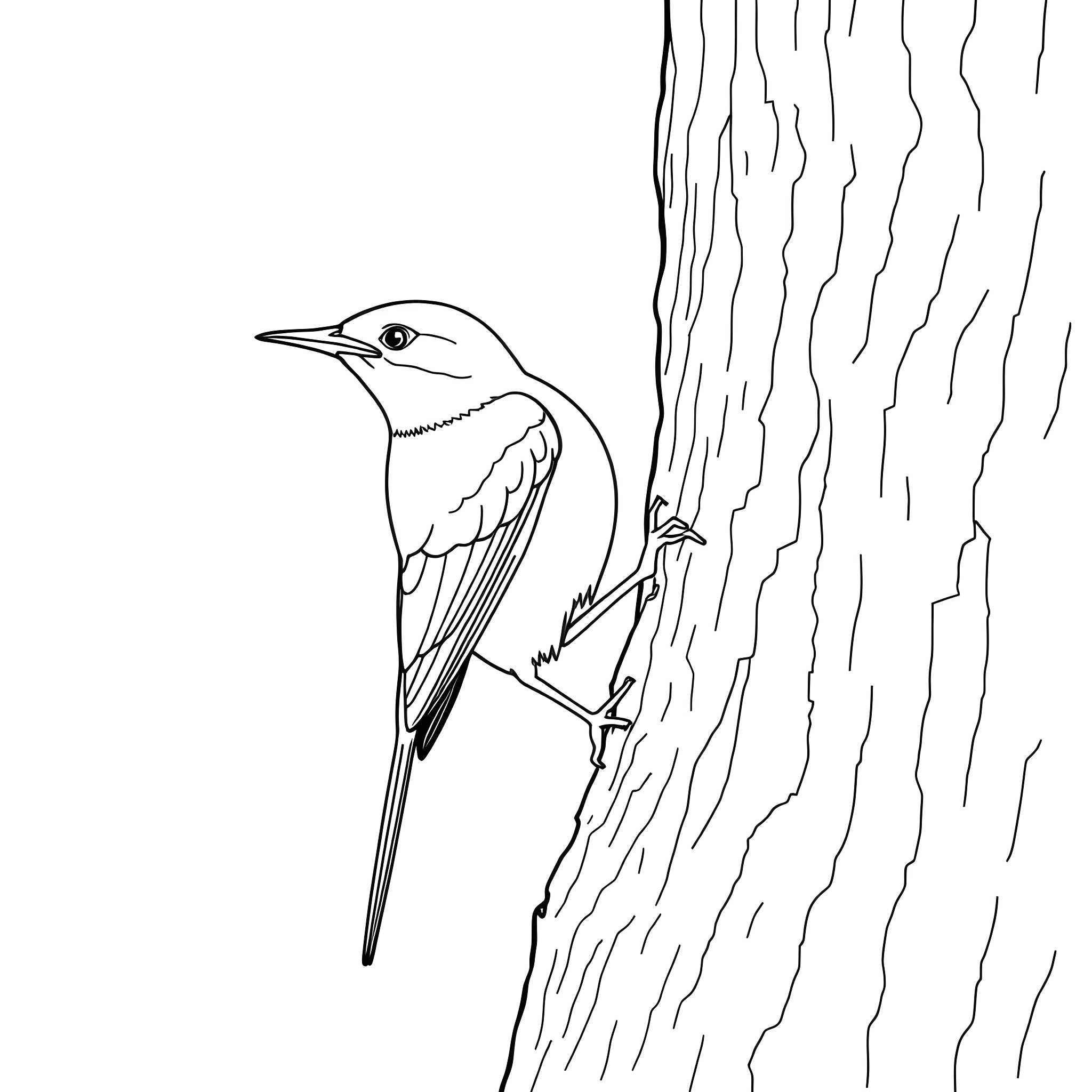 Dacnis bird perched on a tree trunk Coloring Page (free black-and-white line drawing printable PDF for all, from beginners to advanced learners, including children, teens, adults, and seniors)