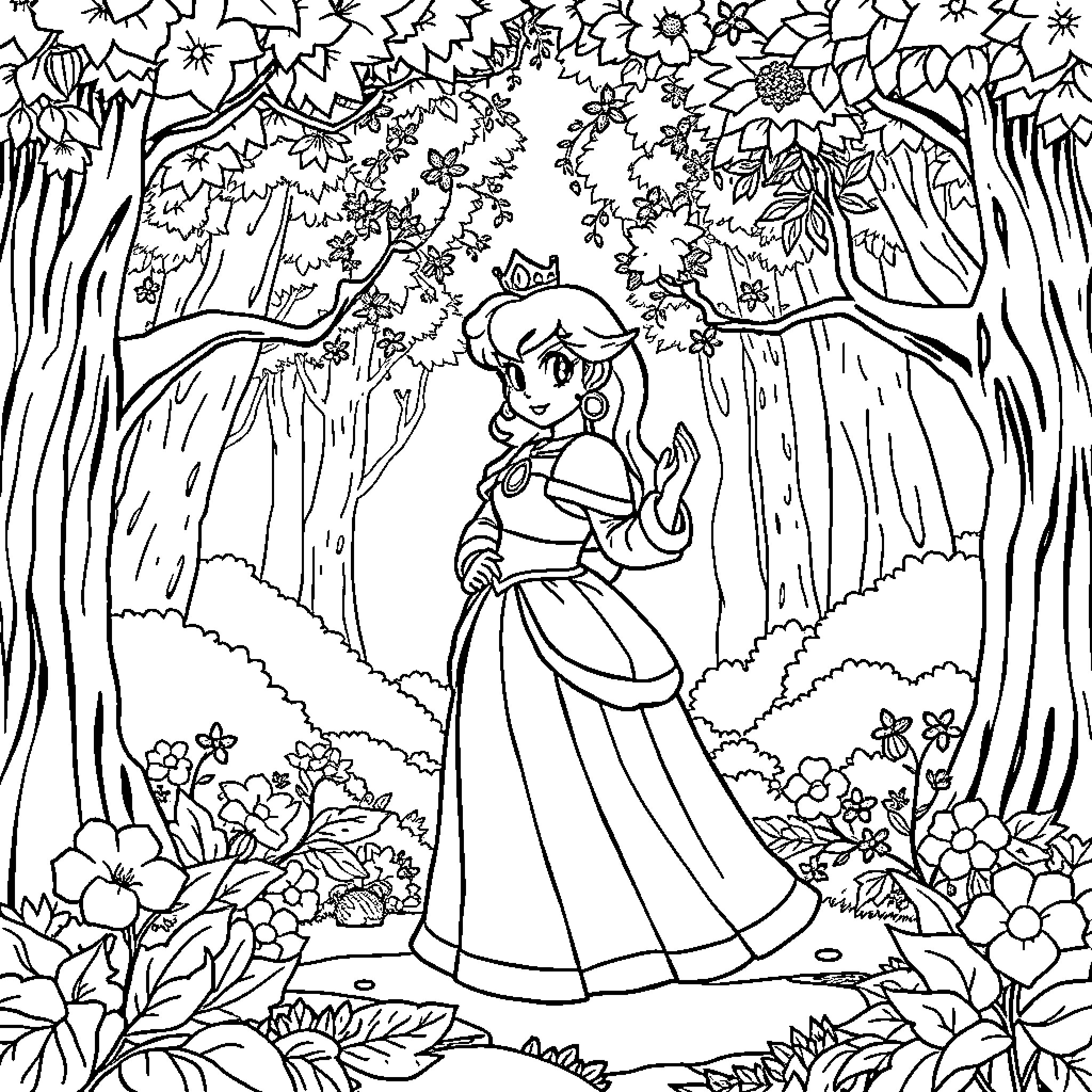 Princess in a Magical Forest Clearing Coloring Page (free black-and-white line drawing printable PDF for all, from beginners to advanced learners, including children, teens, adults, and seniors)