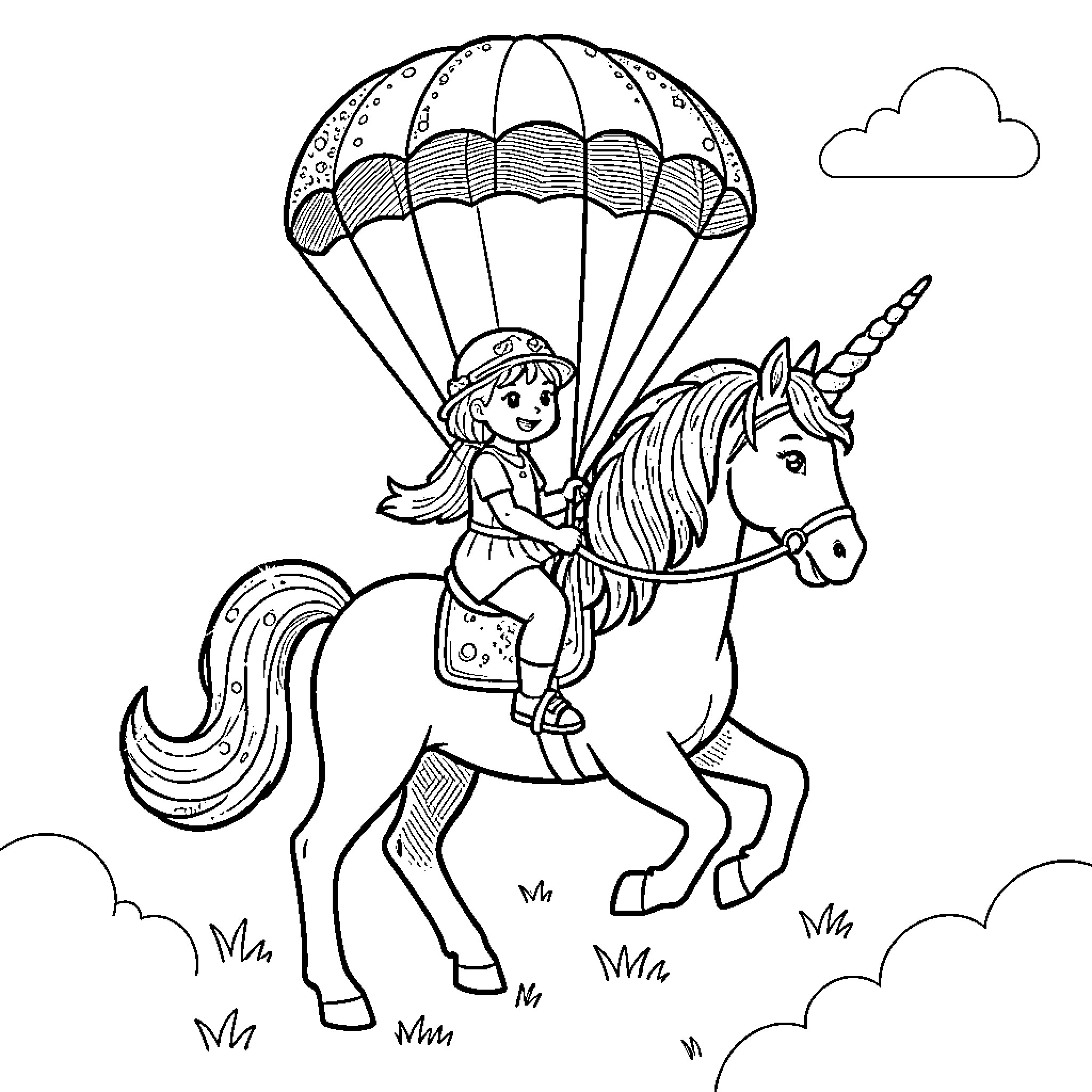 Parachu girl riding a unicorn under a large parachute Coloring Page (free black-and-white line drawing printable PDF for all, from beginners to advanced learners, including children, teens, adults, and seniors)