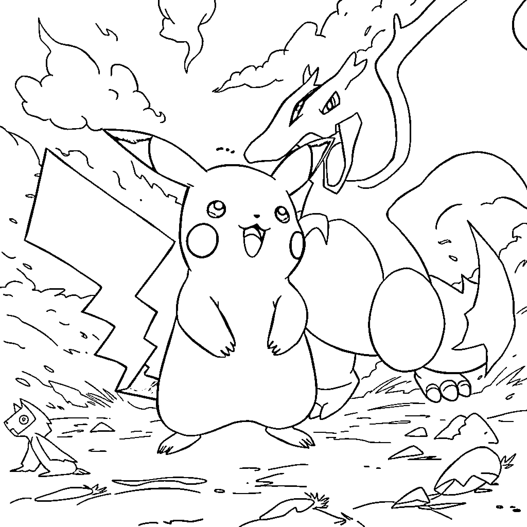 Pokémon characters in an animated scene Coloring Page (free black-and-white line drawing printable PDF for all, from beginners to advanced learners, including children, teens, adults, and seniors)