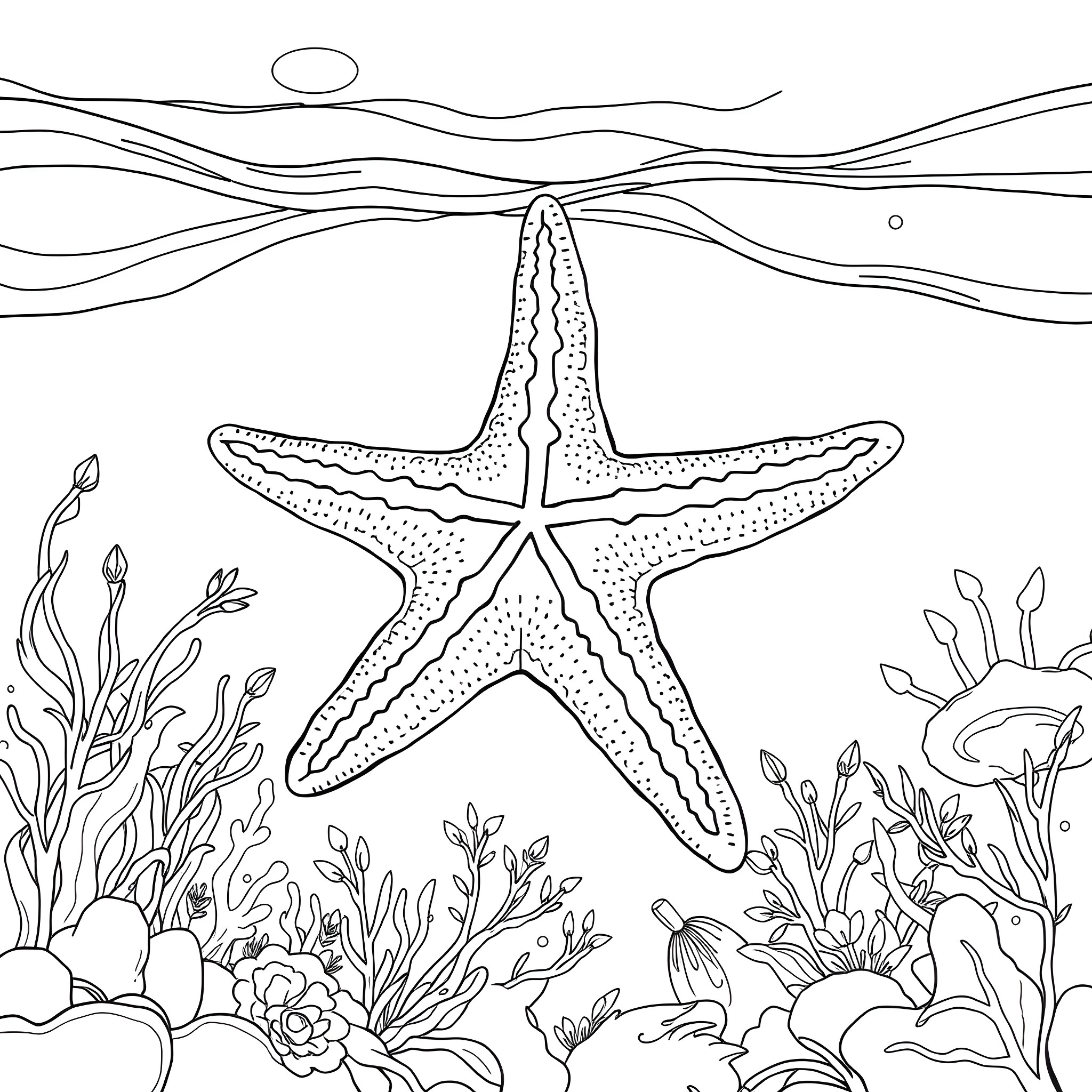 Starfish resting on the seabed surrounded by coral and plants Coloring Page (free black-and-white line drawing printable PDF for all, from beginners to advanced learners, including children, teens, adults, and seniors)
