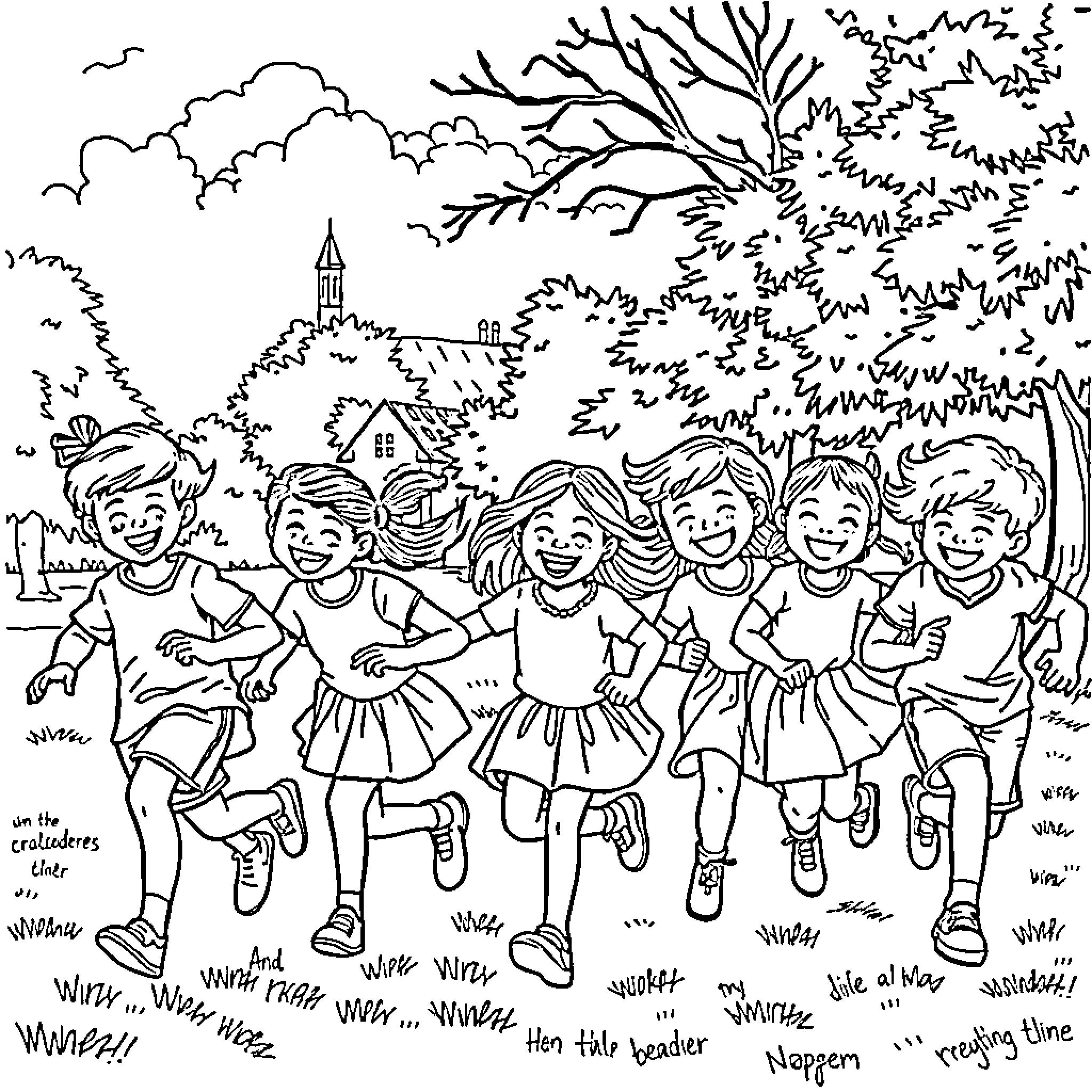 Child playing joyfully with friends in a scenic outdoor setting Coloring Page (free black-and-white line drawing printable PDF for all, from beginners to advanced learners, including children, teens, adults, and seniors)