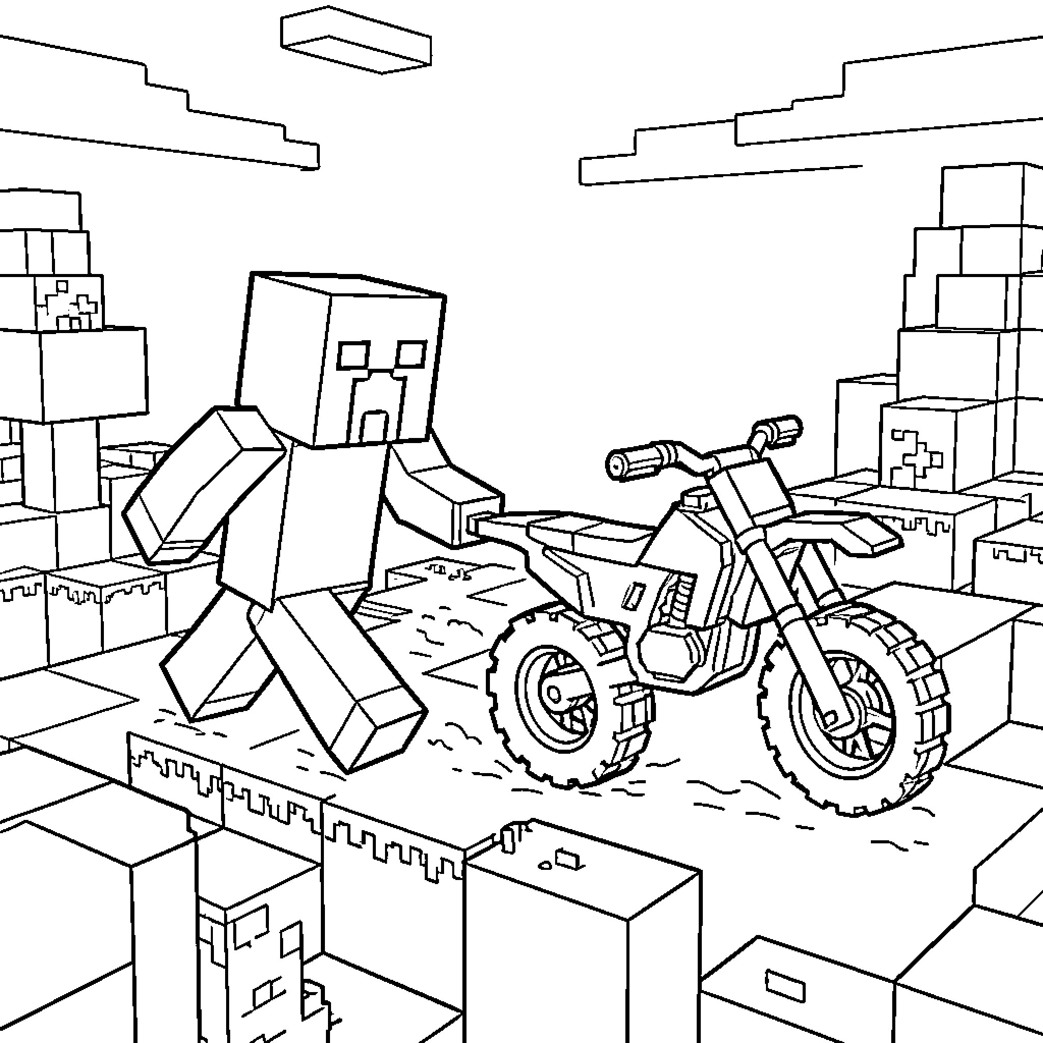 Creeper pushing a small quad bike through blocks Coloring Page (free black-and-white line drawing printable PDF for all, from beginners to advanced learners, including children, teens, adults, and seniors)